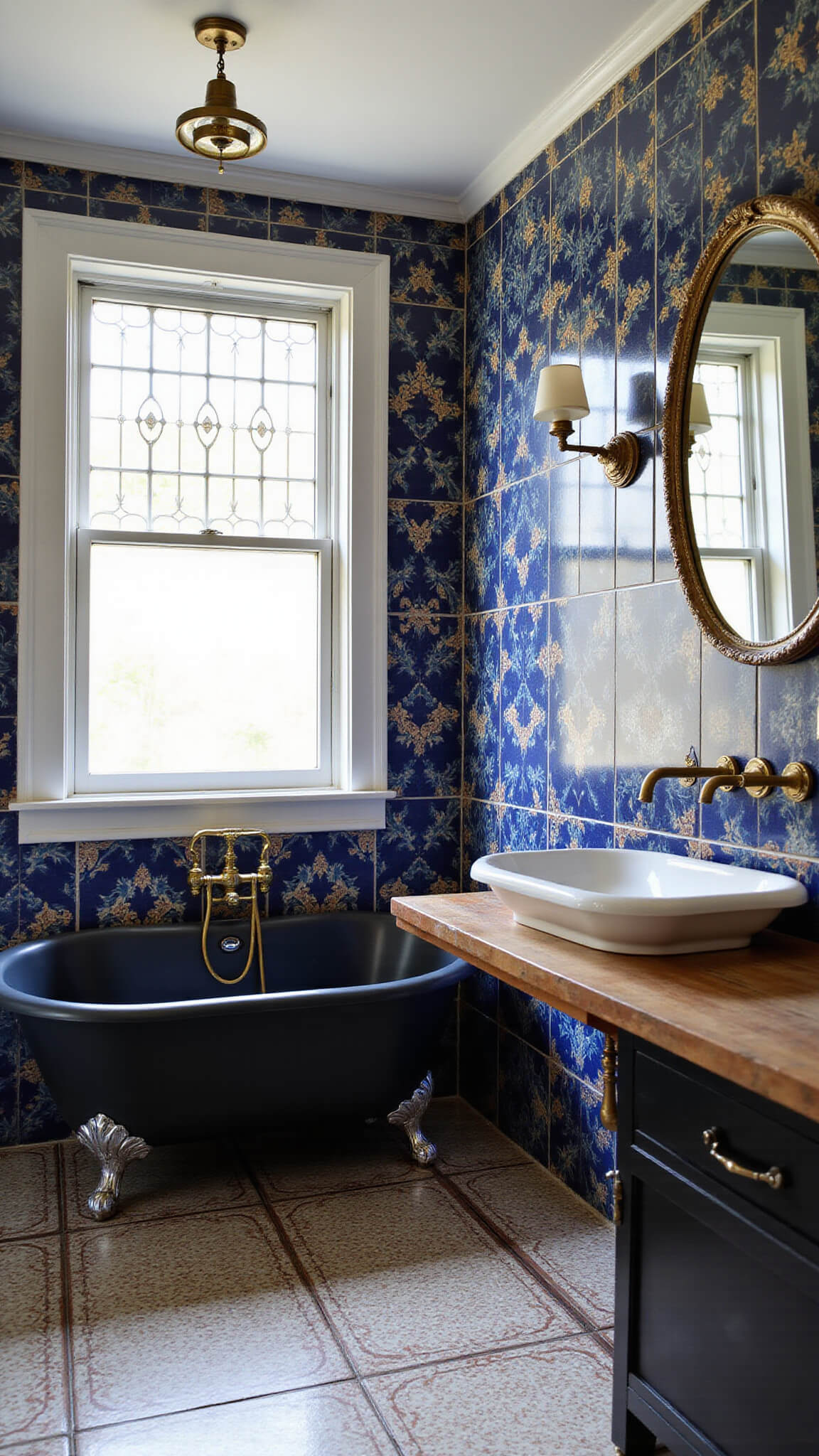 Eye-level view of vintage-modern bathroom with hand-painted Spanish tiles, matte black clawfoot tub, antique brass mirror, and floating vanity in natural afternoon light.