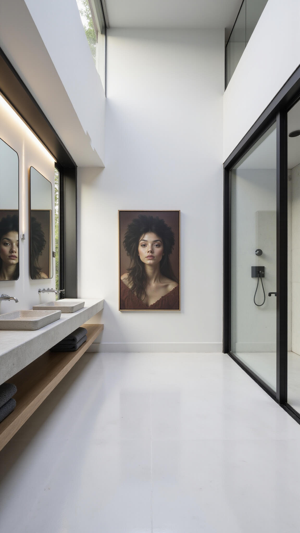 Minimalist bathroom with large white porcelain tiles, floating concrete vanity, black steel-framed shower, skylight, and tall ceilings.
