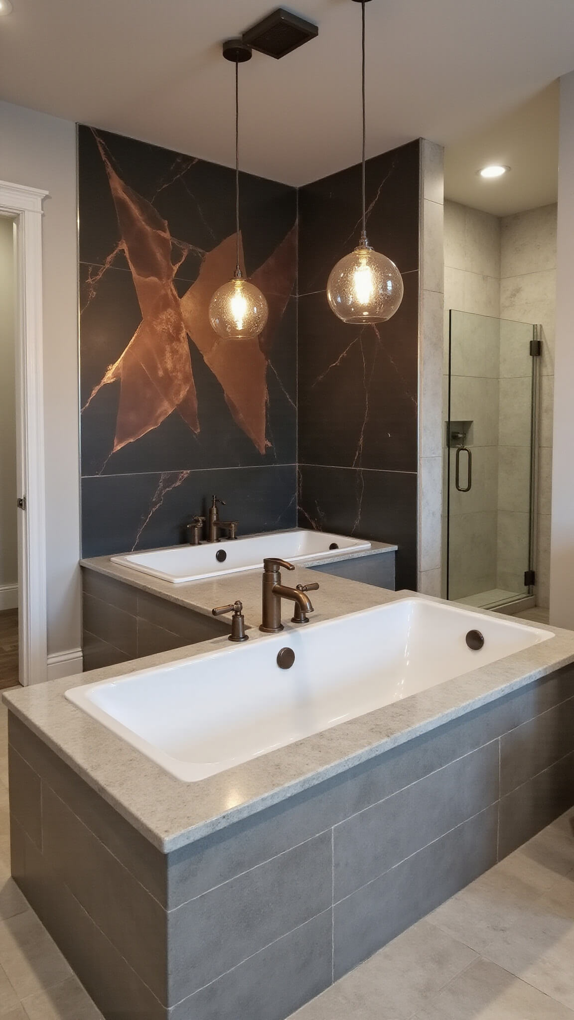 Luxurious mixed-material bathroom with neutral limestone tiles, bold copper and black geometric accent wall, freestanding tub, walk-in shower, smoked glass pendants, and bronze fixtures under moody evening lighting.