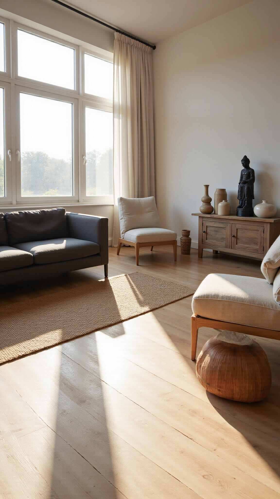 Minimalist living room with charcoal sofa, ivory chairs, and teak console at golden hour, sunlight streaming through floor-to-ceiling windows onto pale oak floors and natural decor.