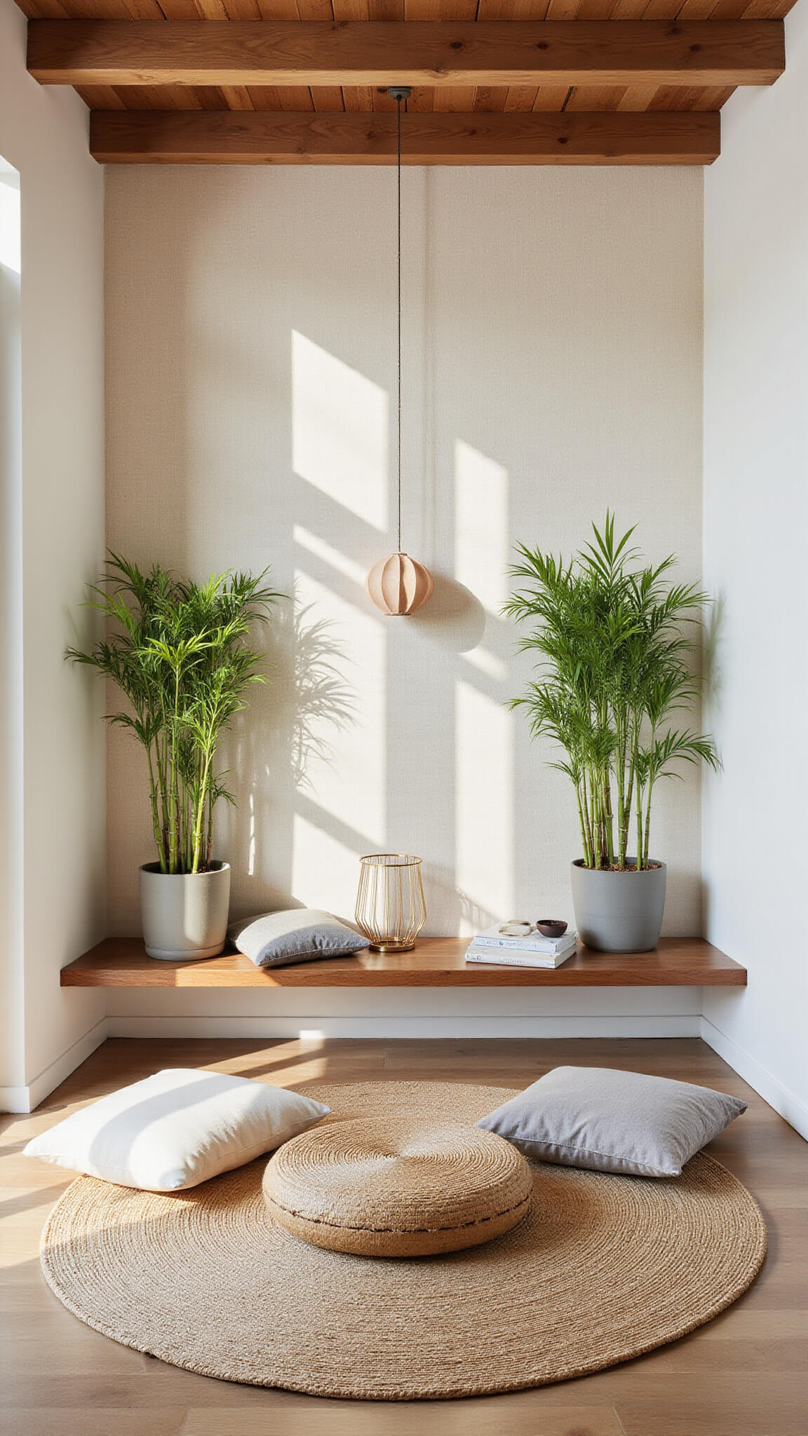 Serene meditation corner with rattan cushion, hemp mat, ivory grasscloth wall, bamboo plants, paper lantern, and teak shelf with ceramics under exposed wooden beams.