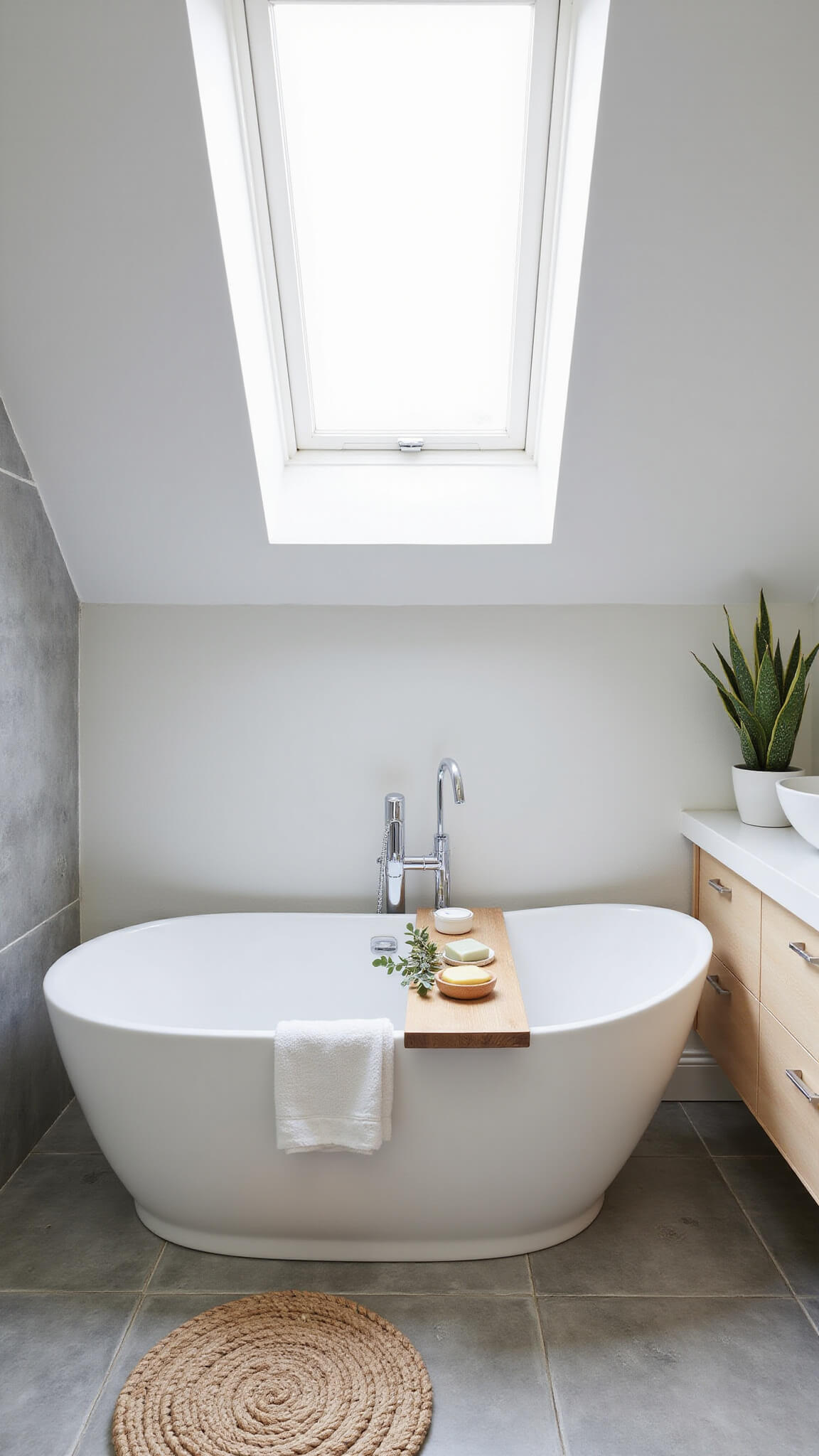 Minimalist spa-like bathroom with white oval soaking tub under skylight, teak bath caddy, gray concrete-look tiles, floating bleached oak vanity, and potted snake plant.