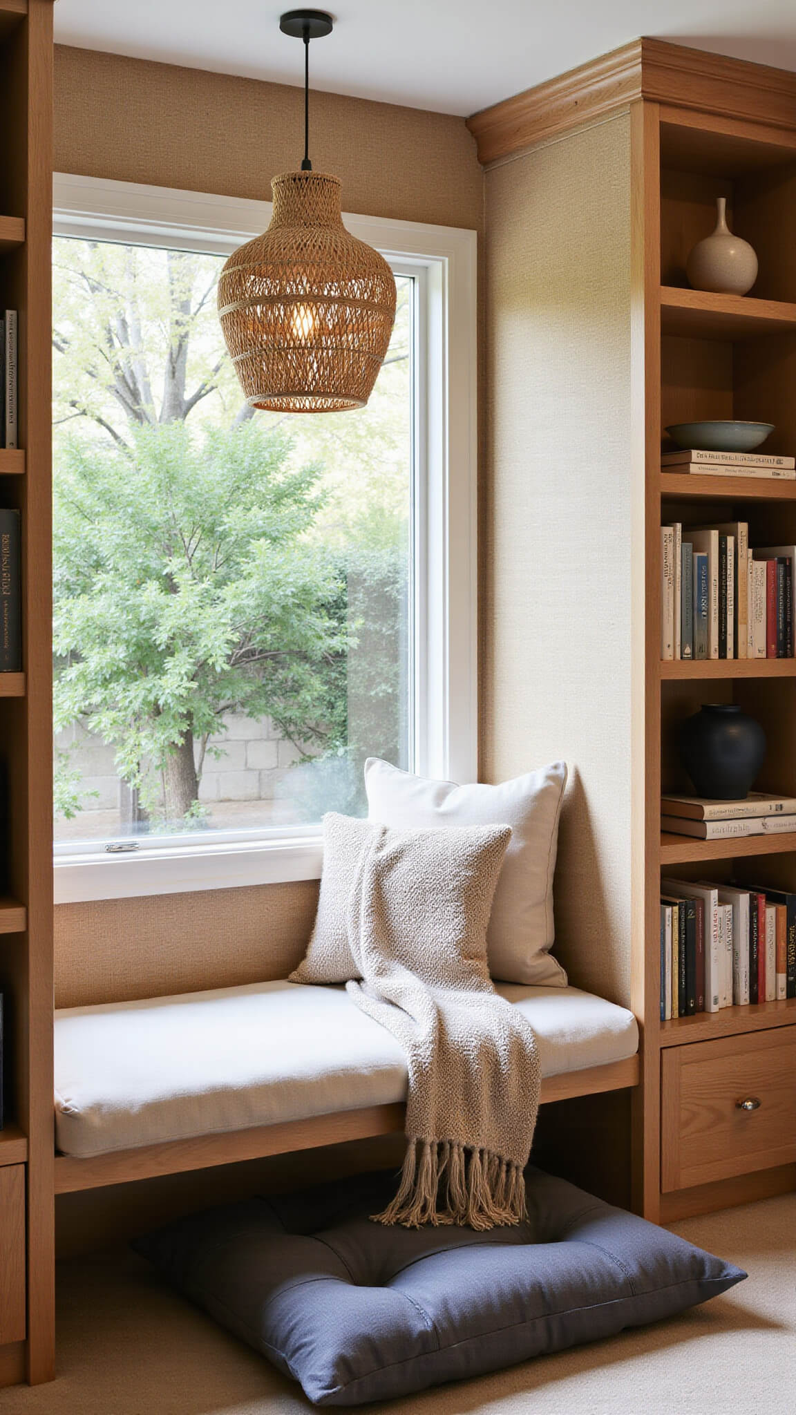 Cozy 8x10ft reading nook with built-in window seat, floating oak shelves, and soft natural light filtering over art books, ceramics, and textured beige wallpaper.