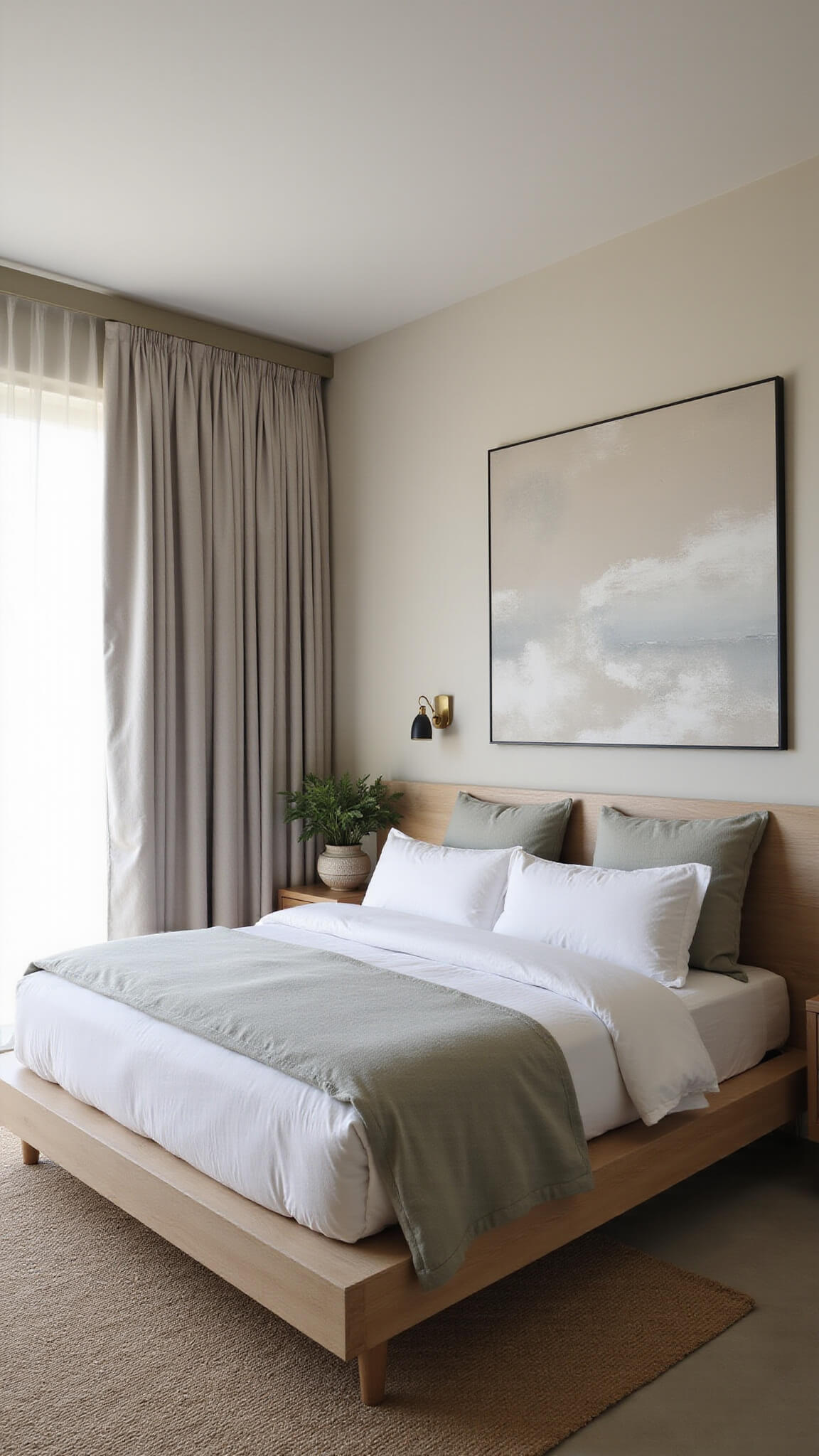 Contemporary 16x18ft bedroom at twilight with platform bed, layered organic bedding, abstract art, jute rug, ceramic vessels, and sheer linen drapes filtering soft blue light.