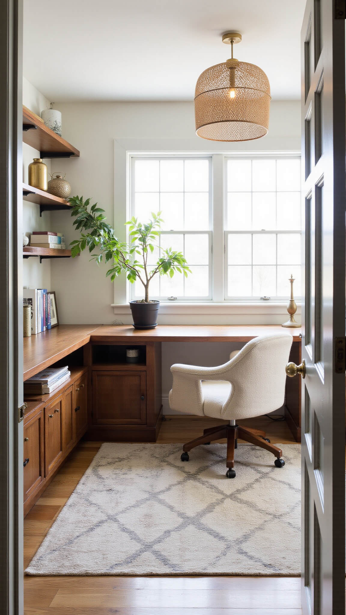 Bright home office with walnut built-in desk, ivory bouclé chair, floating shelves, Moroccan rug, fiddle leaf fig, and woven pendant lighting.