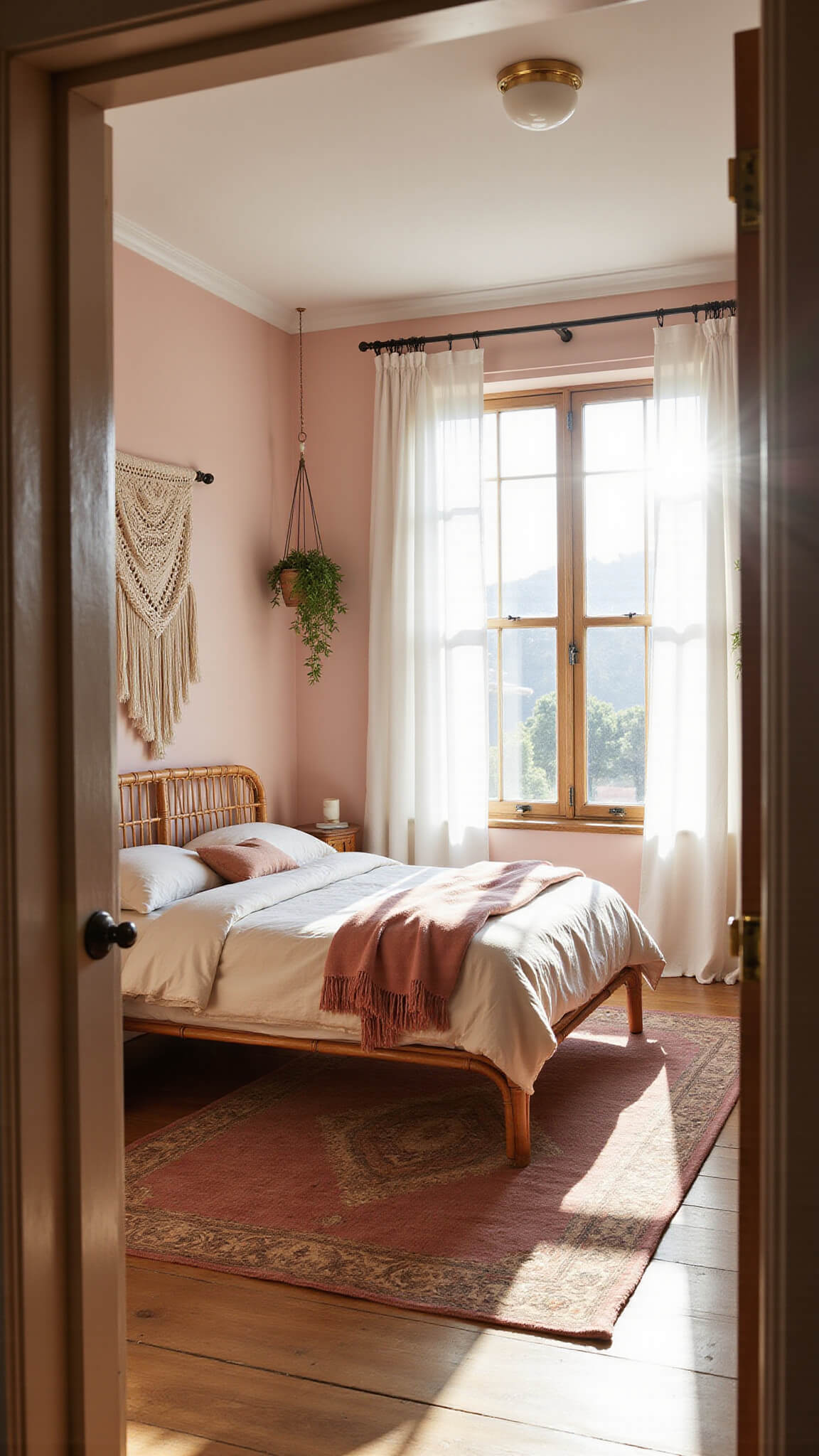Sunlit bedroom with blush pink accent wall, rattan bed, vintage Moroccan rug, and soft natural light through sheer curtains during golden hour.