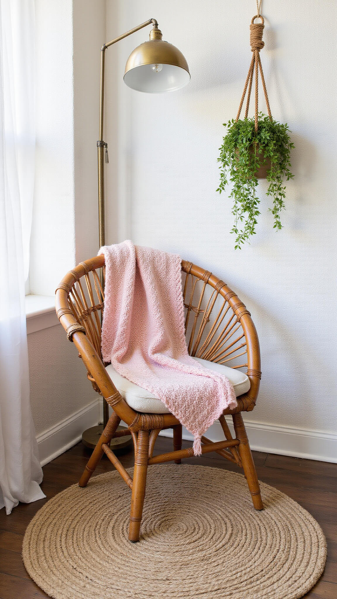 Cozy reading nook with a rattan peacock chair draped in a pink knit throw, layered natural fiber rugs, macramé plant hanger with pothos, and warm ambient lighting from a vintage brass floor lamp.