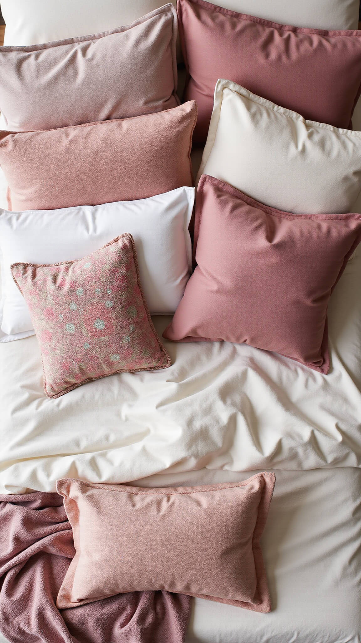 Overhead view of a bohemian king-sized bed with pink-toned throw pillows in various textures and patterns on a cream cotton duvet, bathed in soft morning light.