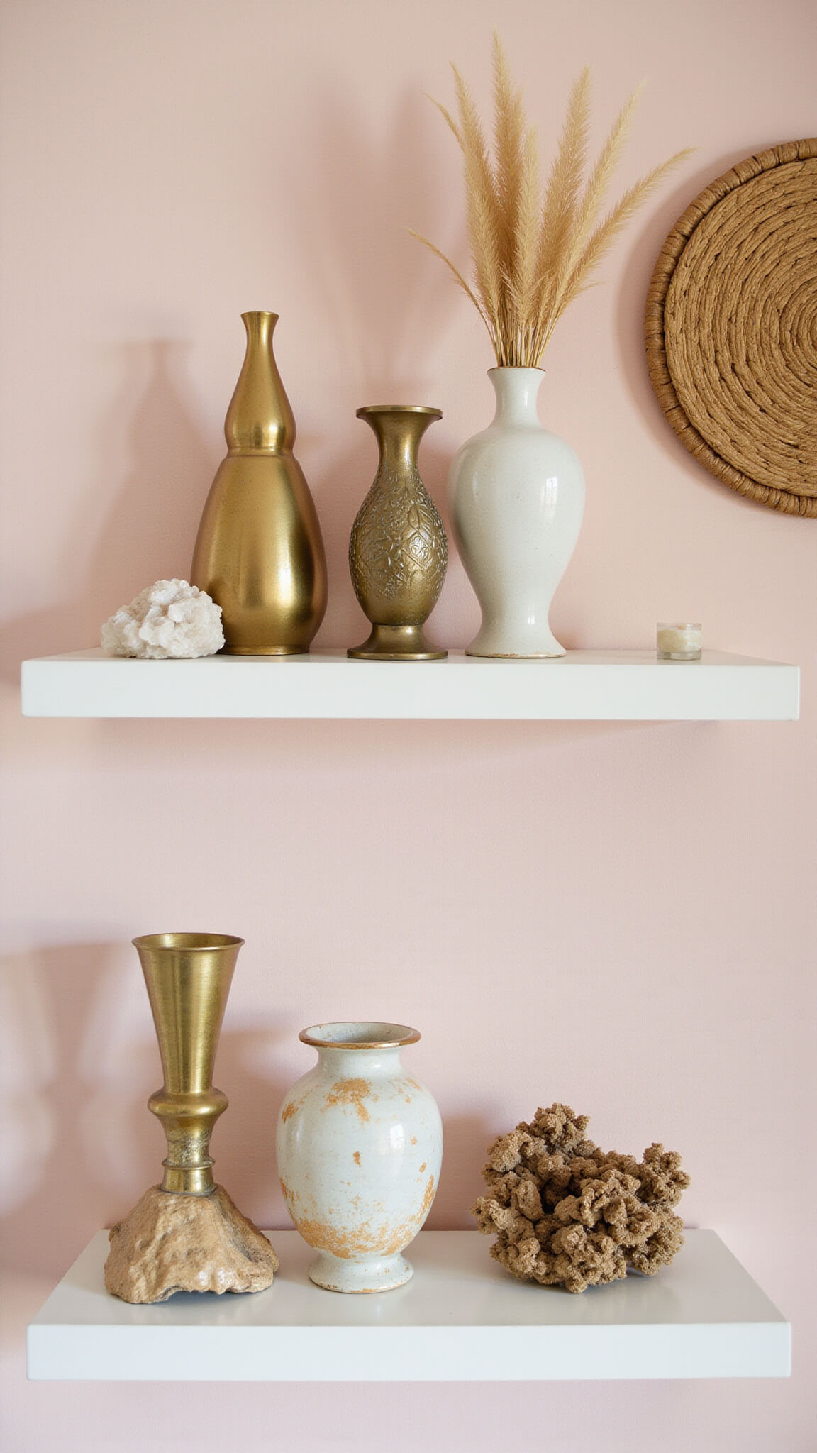 Detail view of styled floating shelf with vintage brass items, ceramic vases holding pampas grass, crystal clusters, and woven basket wall art against a pale pink wall, lit by soft morning light from a low angle.