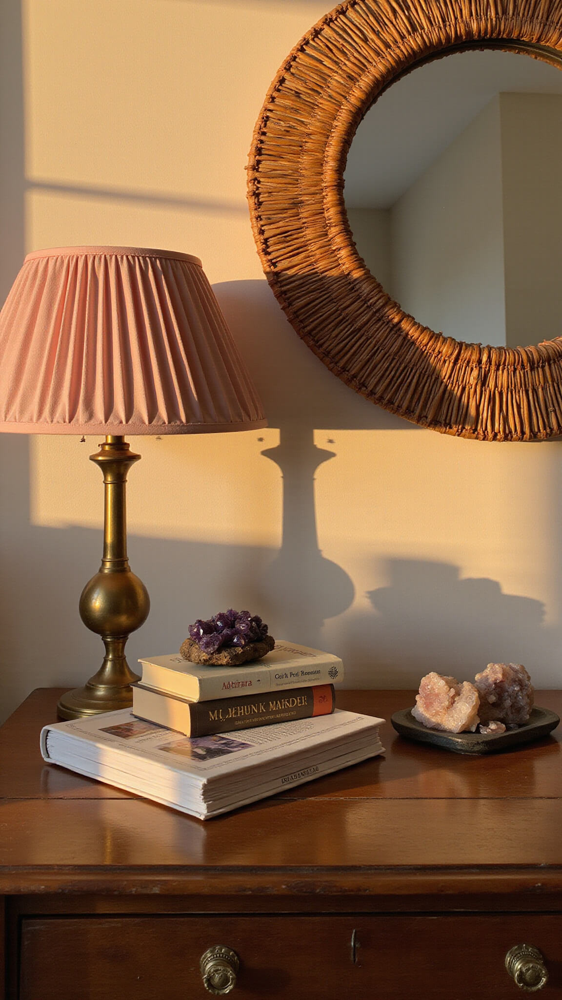 Golden hour bedside table with vintage brass lamp, pink pleated shade, stacked art books, crystal clusters, ceramic incense holder, and rattan-wrapped mirror reflecting warm light.