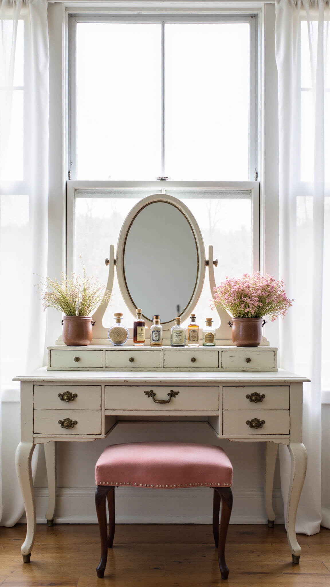 Vintage white vanity with brass mirror and perfume bottles bathed in soft morning light, pink velvet stool underneath, sheer curtains filtering ethereal glow.