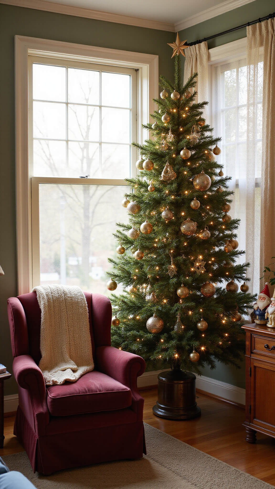 Sunlit vintage living room with a decorated pine Christmas tree by bay windows, soft golden light filtering through lace curtains, burgundy velvet armchair with cream knit throw, and 1950s ceramic Santas on a mahogany sideboard.