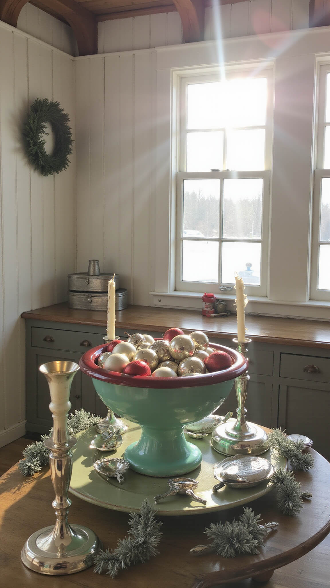 Cozy vintage kitchen with enamel-top table, jadite bowl of 1940s glass ornaments, mercury glass candlesticks, and silver tinsel; morning sunlight streams through farmhouse windows onto cream beadboard walls and wooden beams.