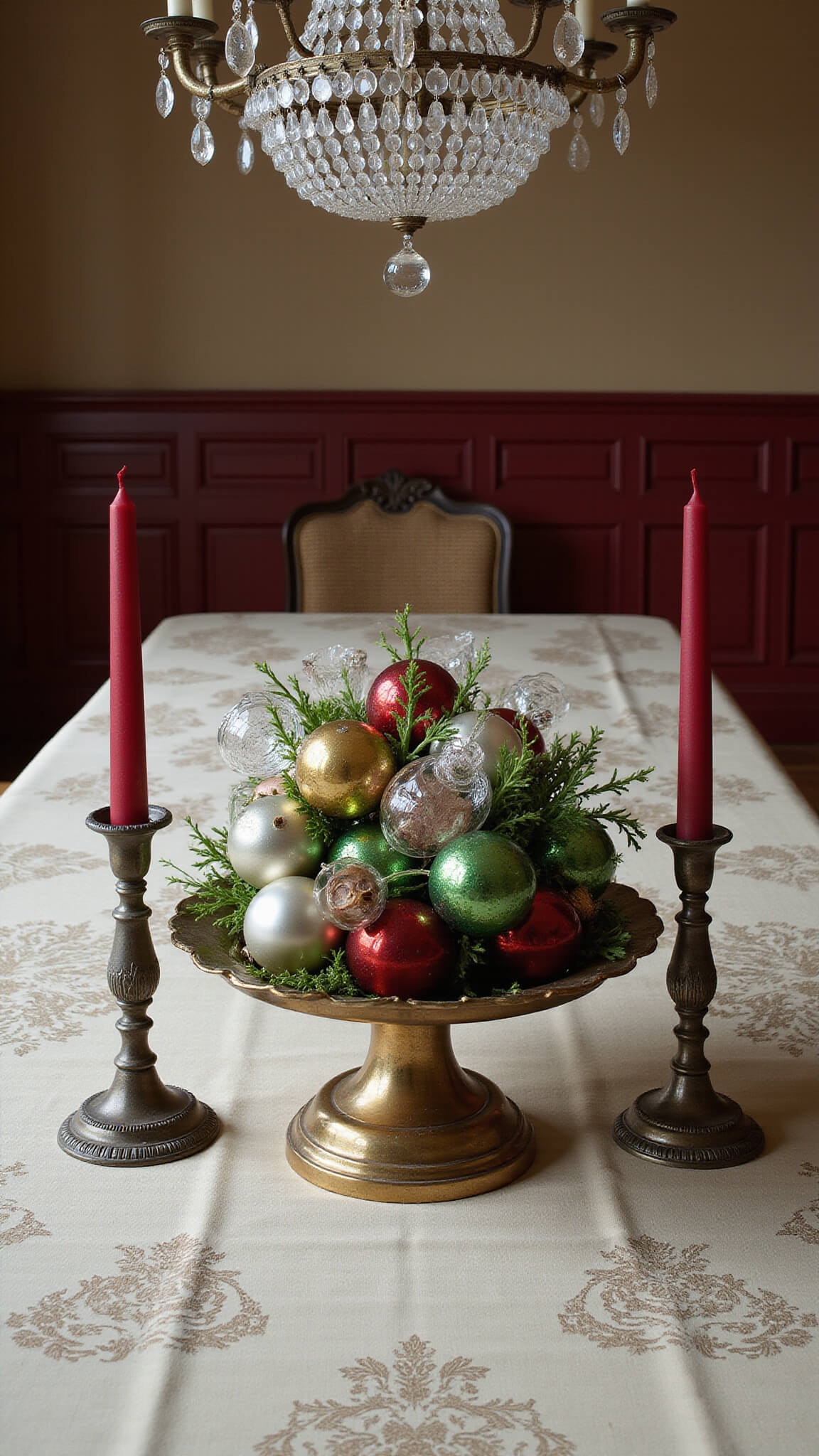 Formal 1920s dining room with dramatic late-afternoon lighting, showcasing a vintage glass ornament centerpiece in brass compote, red taper candles in tarnished silver holders, and prismatic light from a crystal chandelier on an ivory damask tablecloth.