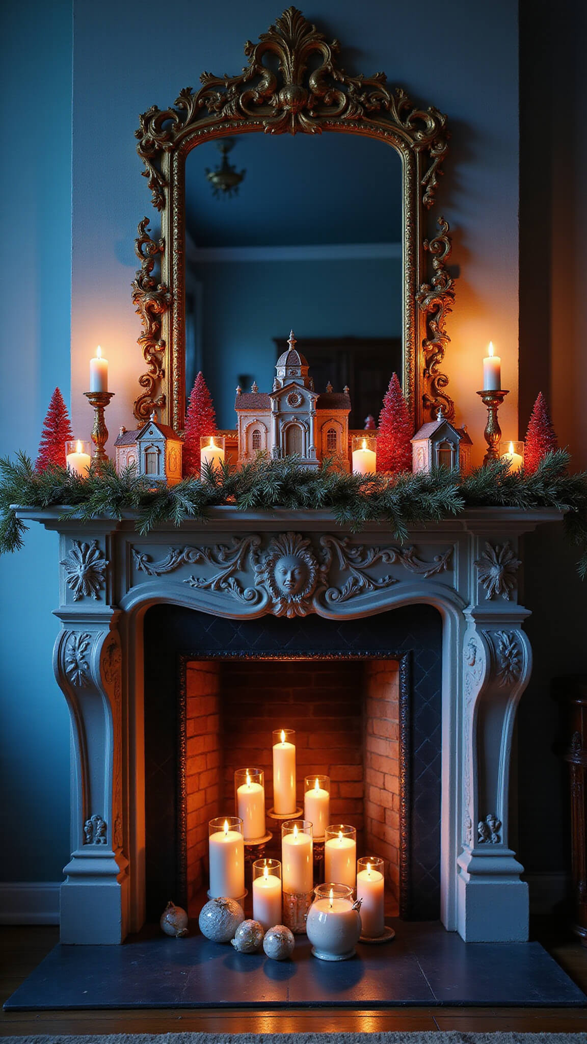 Victorian parlor with ornate fireplace mantel adorned with German glass ornaments, vintage tinsel, and antique paper houses, glowing by candlelight and twilight blue hour lighting with sparkling crystal prisms.