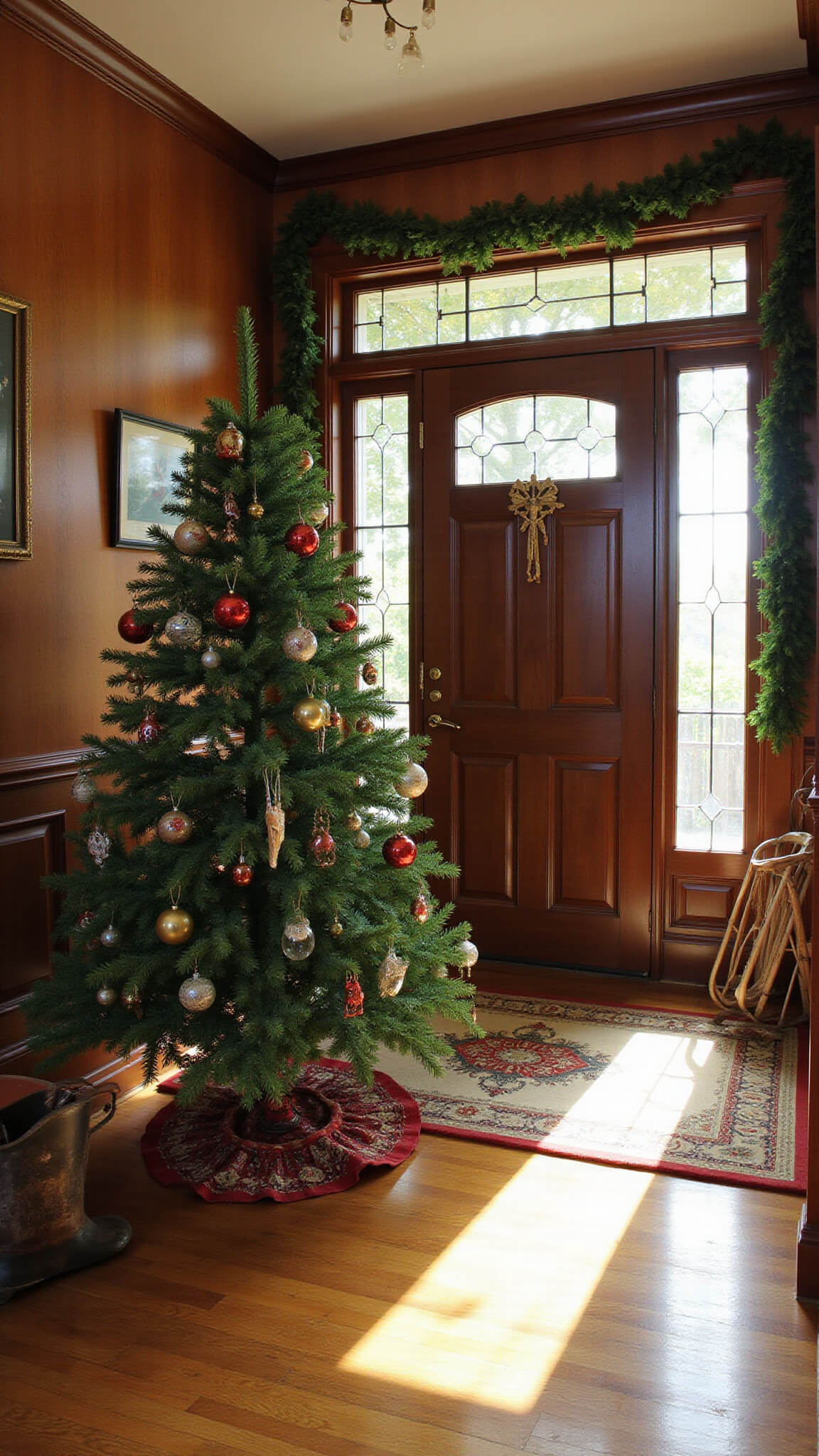 Vintage-style entryway with hardwood floors, period trim, and morning light; features antique sled, decorated hall tree with 1950s ornaments, ice skates, and pine garland in warm, nostalgic tones.