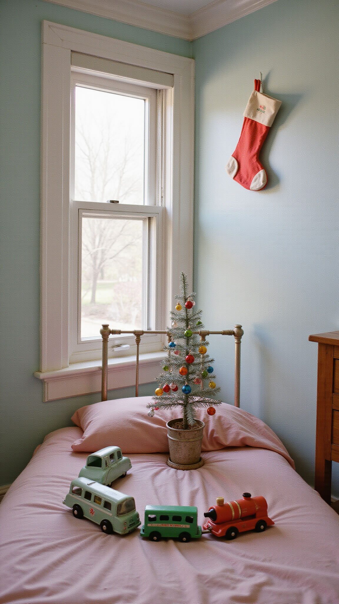 Whimsical children's bedroom corner with vintage toy train circling aluminum Christmas tree, soft morning light, pastel colors, and handmade stockings on iron bed frame.