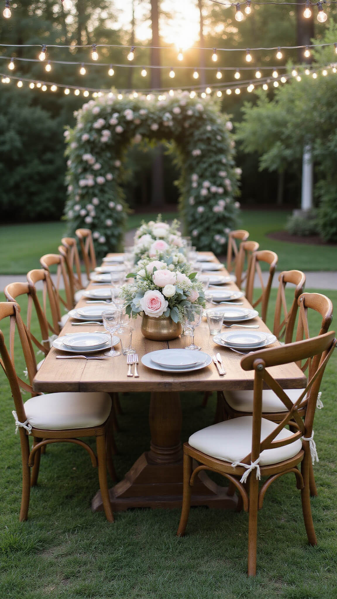 Twilight garden party with vintage harvest table set on manicured lawn, adorned with blush and white florals, bistro lights overhead, and dogwood trees in the background.