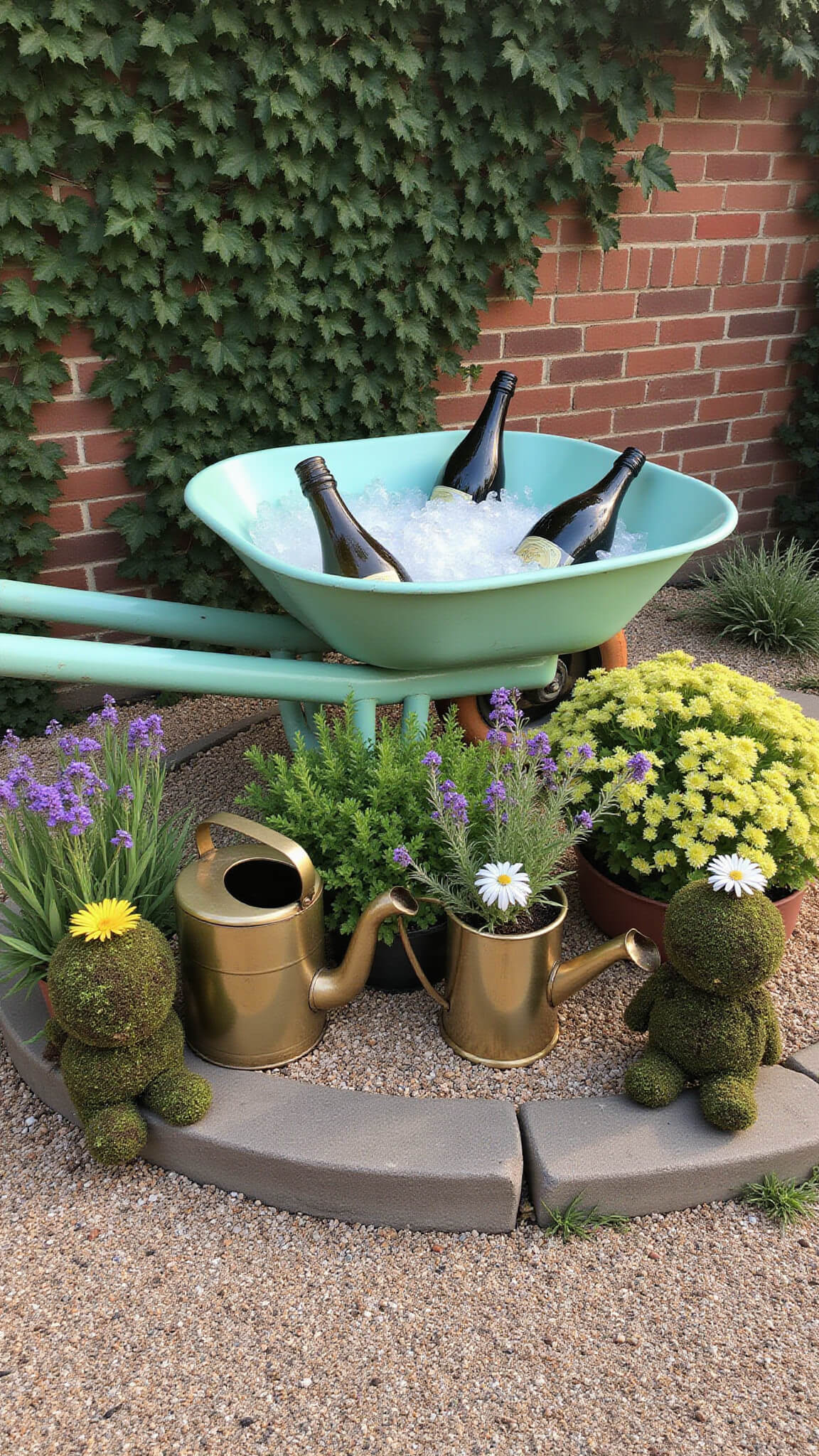 Whimsical garden vignette with vintage wheelbarrow of champagne, brass watering cans filled with wildflowers, and mossy gnomes under hostas against ivy-covered brick wall.