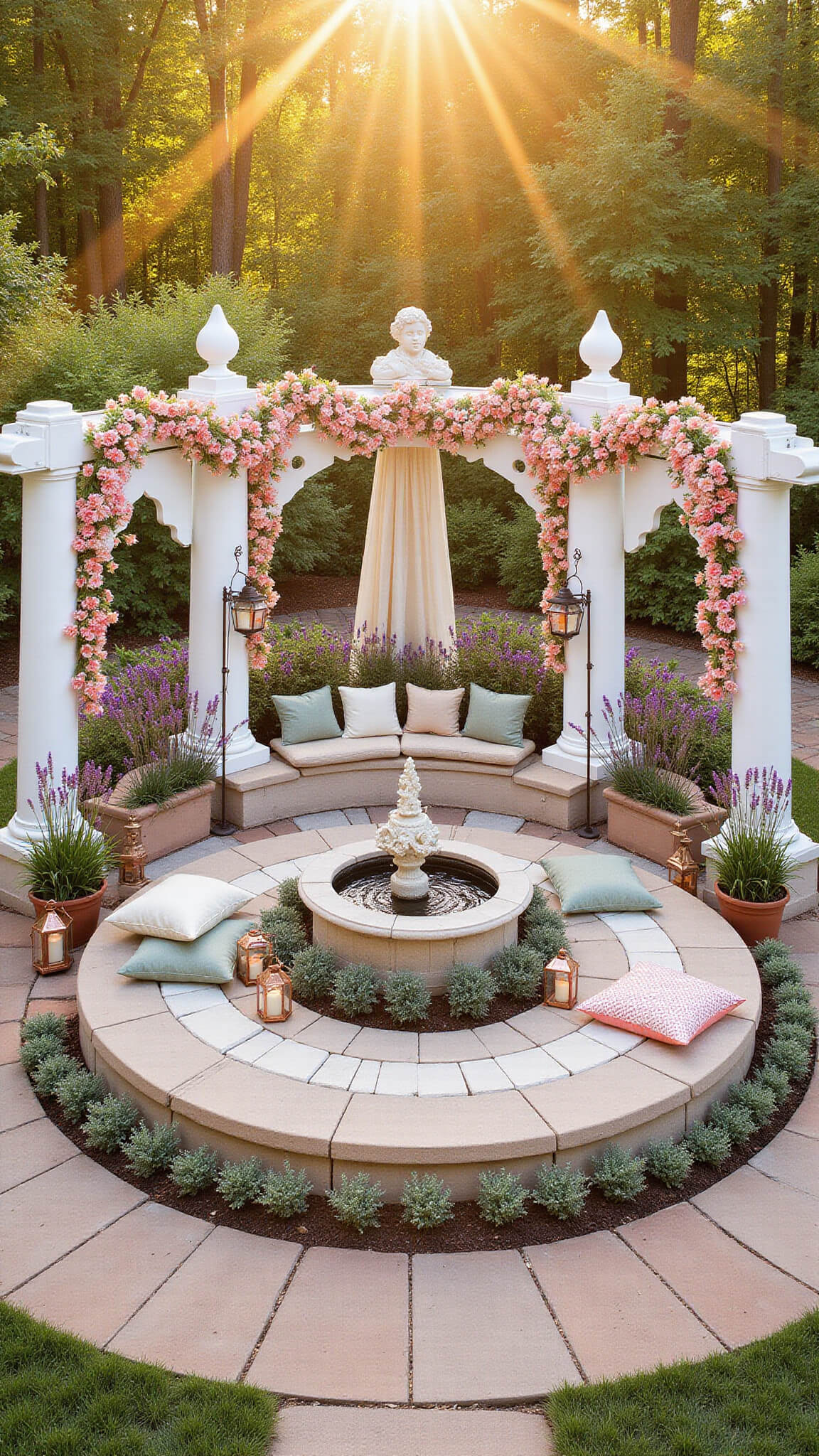 Overhead view of circular garden seating area with stone bench around cherub fountain, lavender pots around edge, ombré pink and coral flower garlands on white pergola, linen cushions on kilim rug, and copper lanterns marking cardinal points in golden morning light.