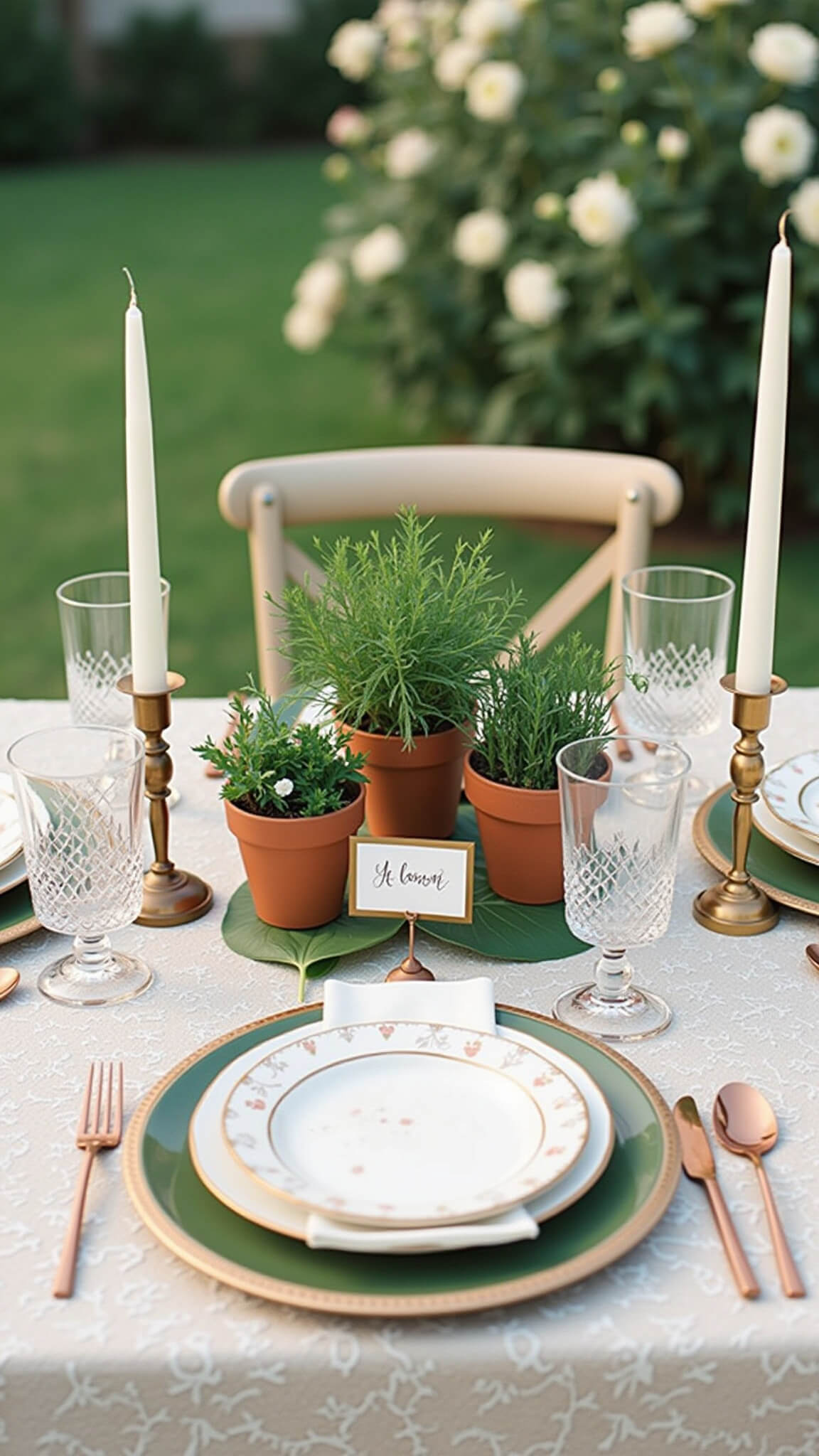 Eye-level view of elegant tablescape with vintage lace over linen, gold-rimmed botanical plates, rose gold cutlery, hand-calligraphed place cards on sage leaves, herb centerpieces in terra cotta pots, brass candle holders, crystal salt cellars, and mini flower arrangements in antique ink wells; rose garden softly blurred in background.