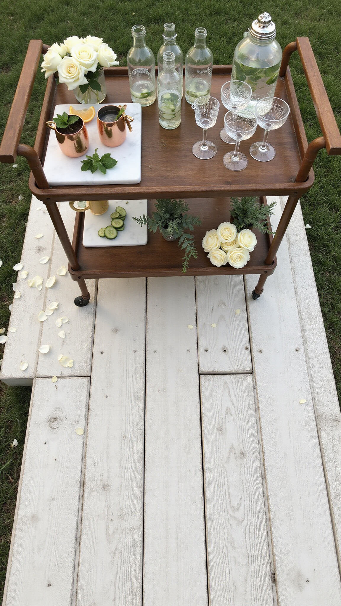Bird’s eye view of rustic drink station with glass dispensers of infused water, assorted elegant glassware, fresh garnishes on marble boards, and white roses on a whitewashed wood platform.