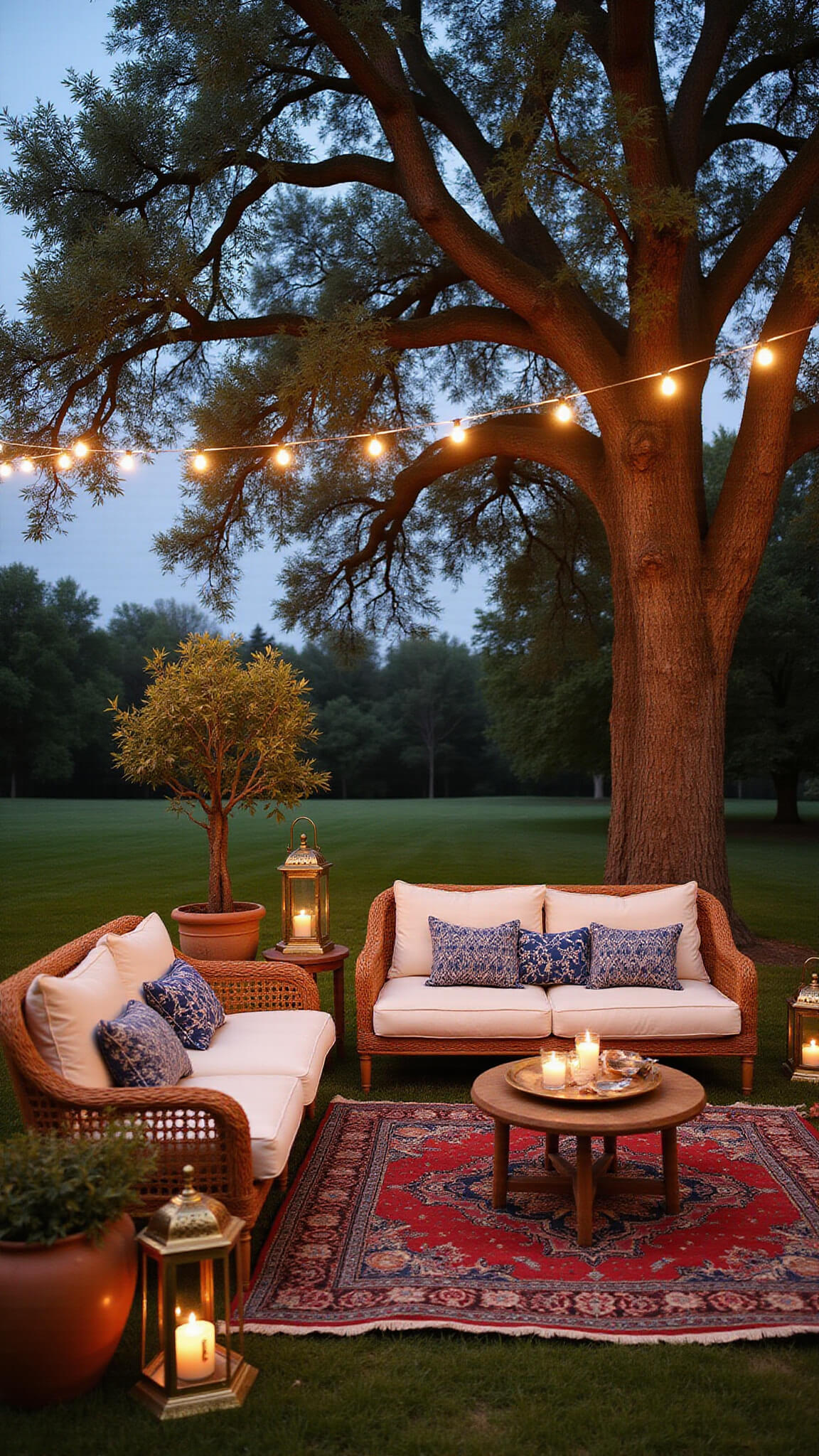 Cozy outdoor lounge at dusk with layered Persian rugs, rattan seating, indigo pillows, Moroccan lanterns, potted olive trees, macramé planters, and string lights under oak tree.