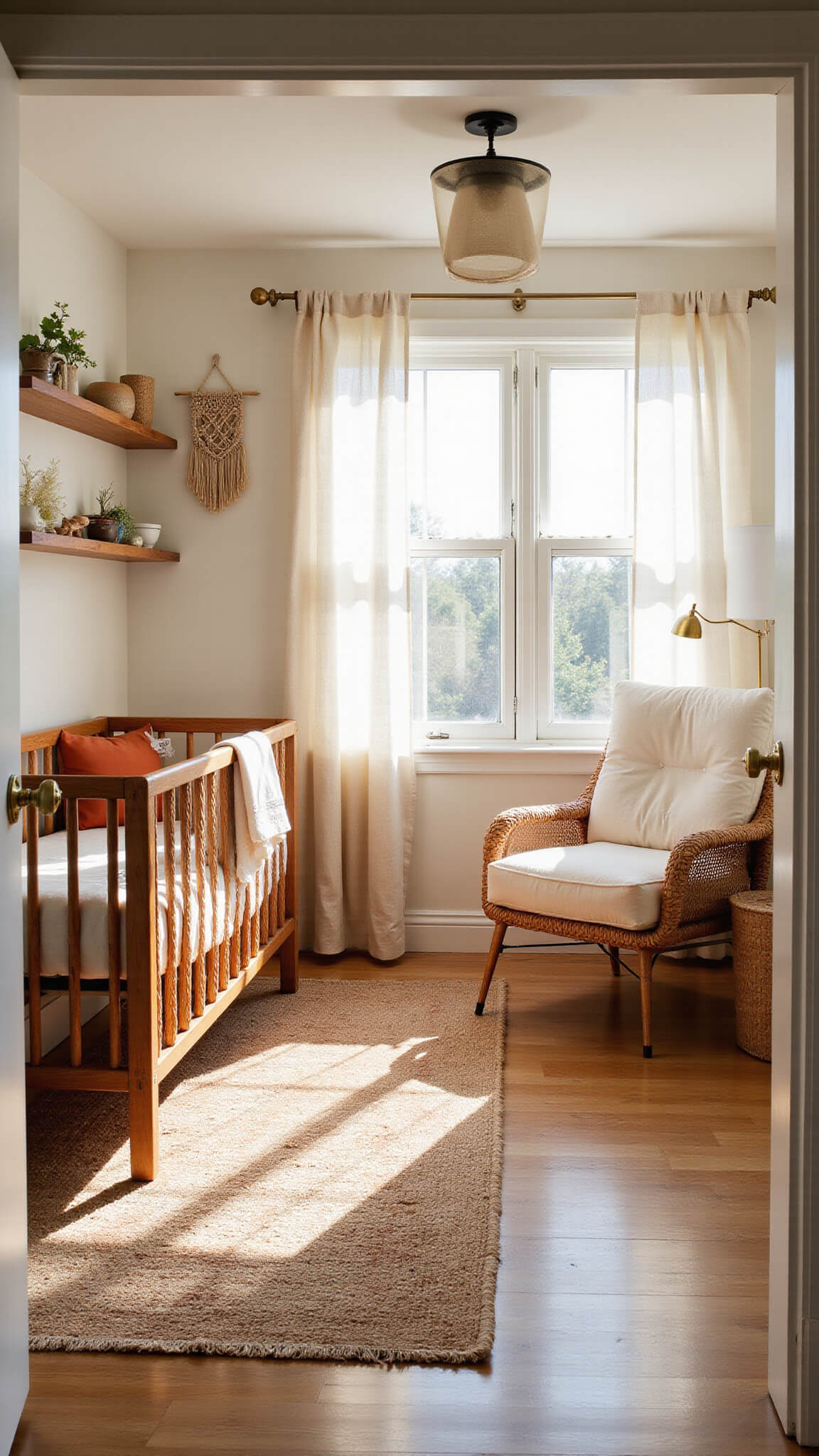 Sunlit nursery with natural wood crib, vintage rug, rattan chair, and macramé wall art in warm earthy tones.