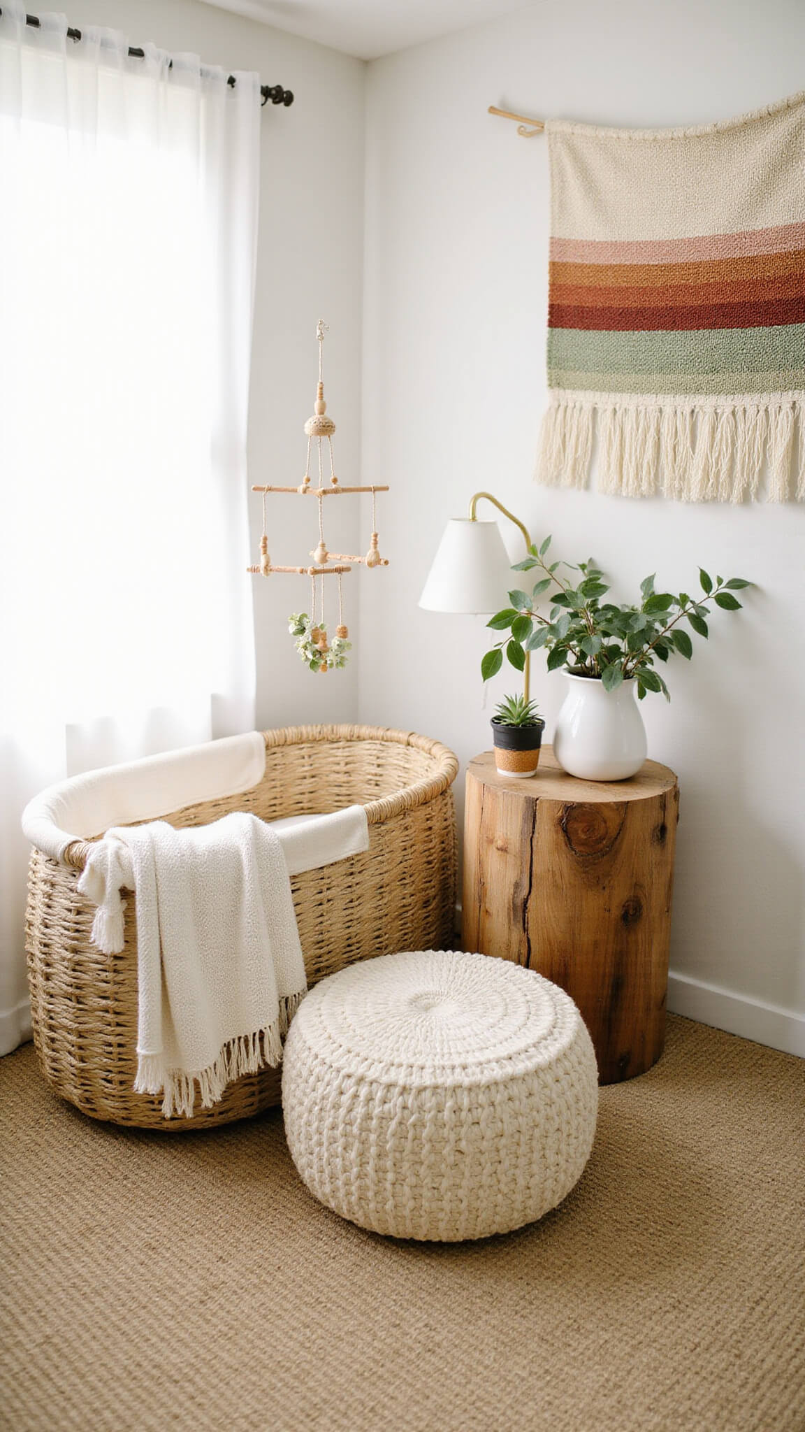 Cozy nursery nook with seagrass bassinet, eucalyptus mobile, ivory pouf, wood side table, ceramic lamp, succulent, woven tapestry, and layered jute rug in morning light.