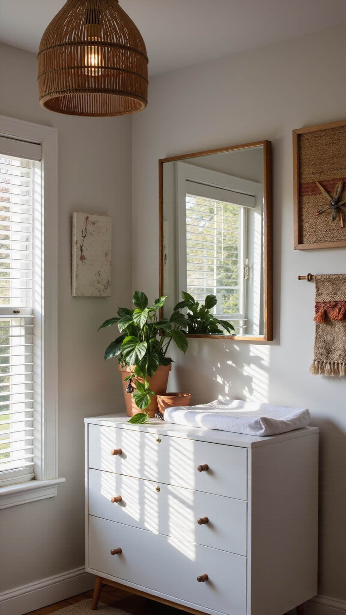 Modern bohemian nursery with floor-to-ceiling windows, dramatic afternoon lighting, bamboo pendant casting shadows, mid-century dresser with changing pad, vintage decor, and desert-toned gallery wall.