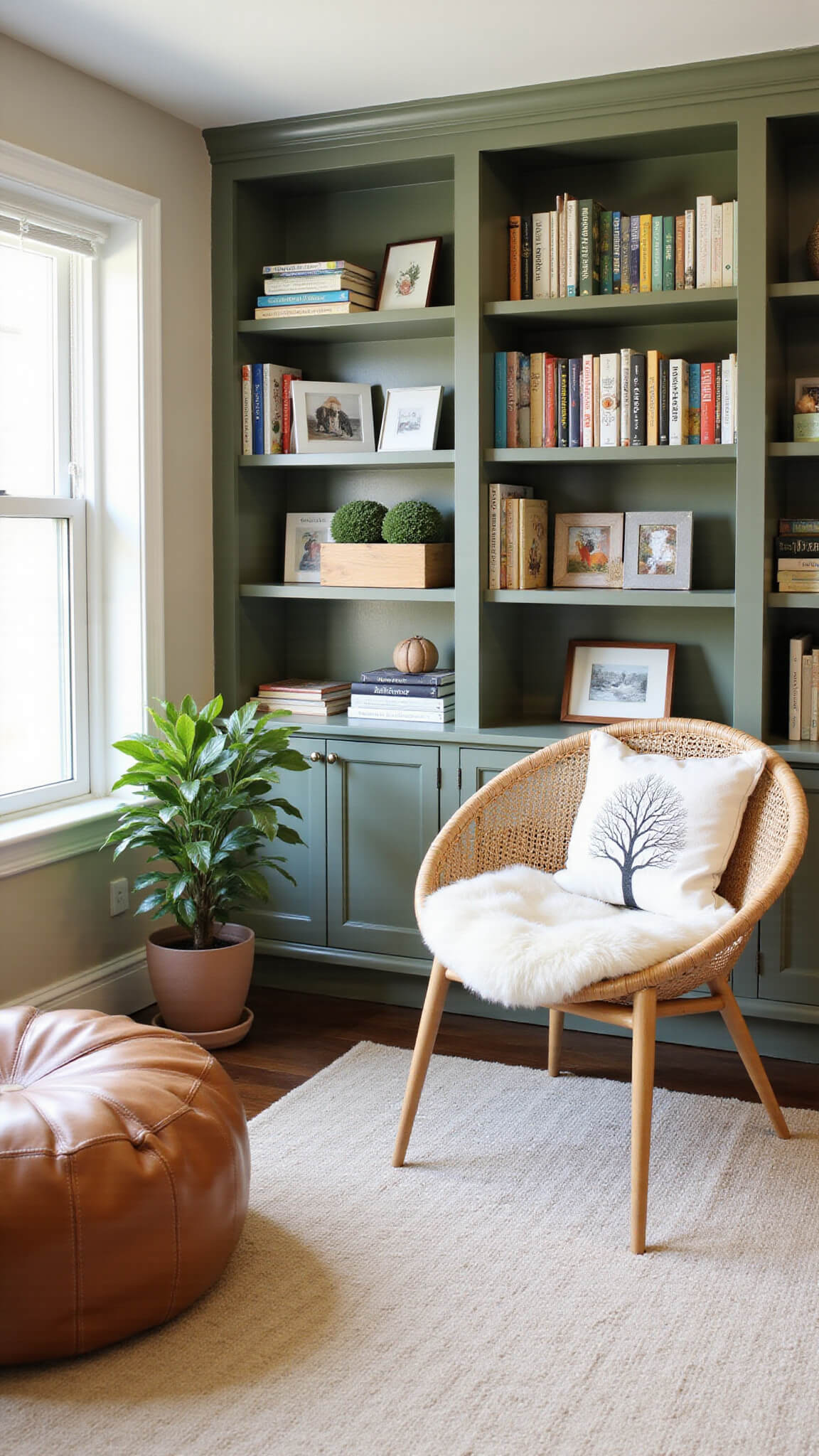 Cozy 10x12ft reading nook with sage green bookshelf, leather pouf, rattan hanging chair, and morning light filtering in.