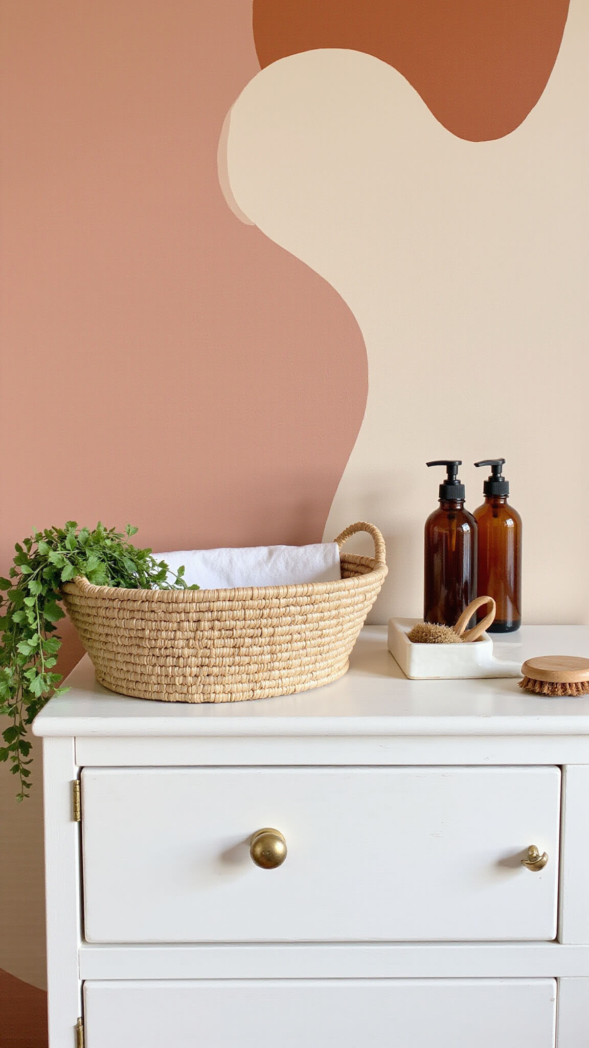 Close-up of nursery changing station with warm white vintage dresser, woven changing basket, amber bottles, wooden brushes, and ivy planter against abstract terra cotta mural.