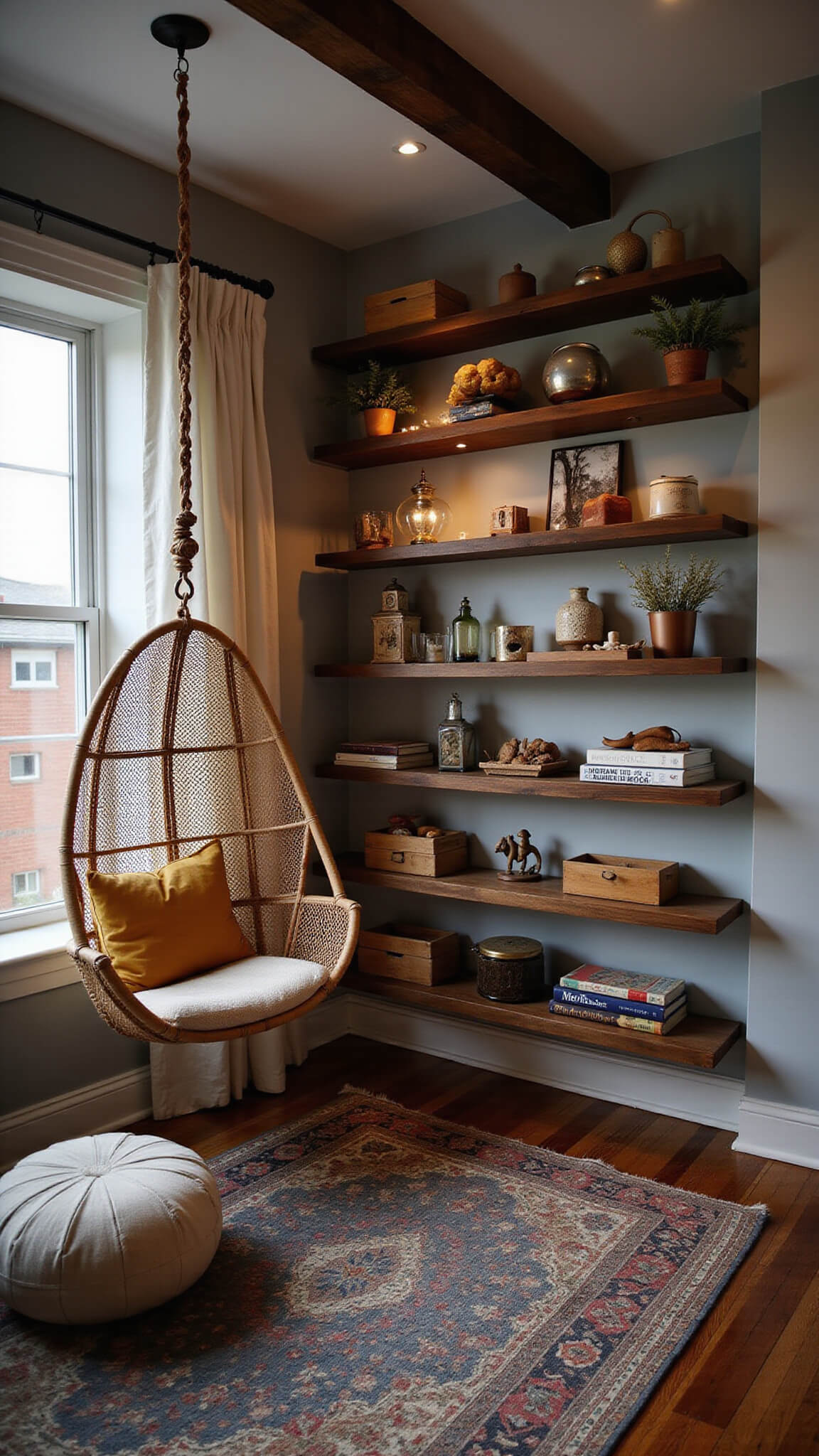 Nursery with dramatic dusk lighting, floating wooden shelves displaying vintage toys and dried botanicals, cane hanging chair on exposed beam, layered rust and indigo vintage rugs.