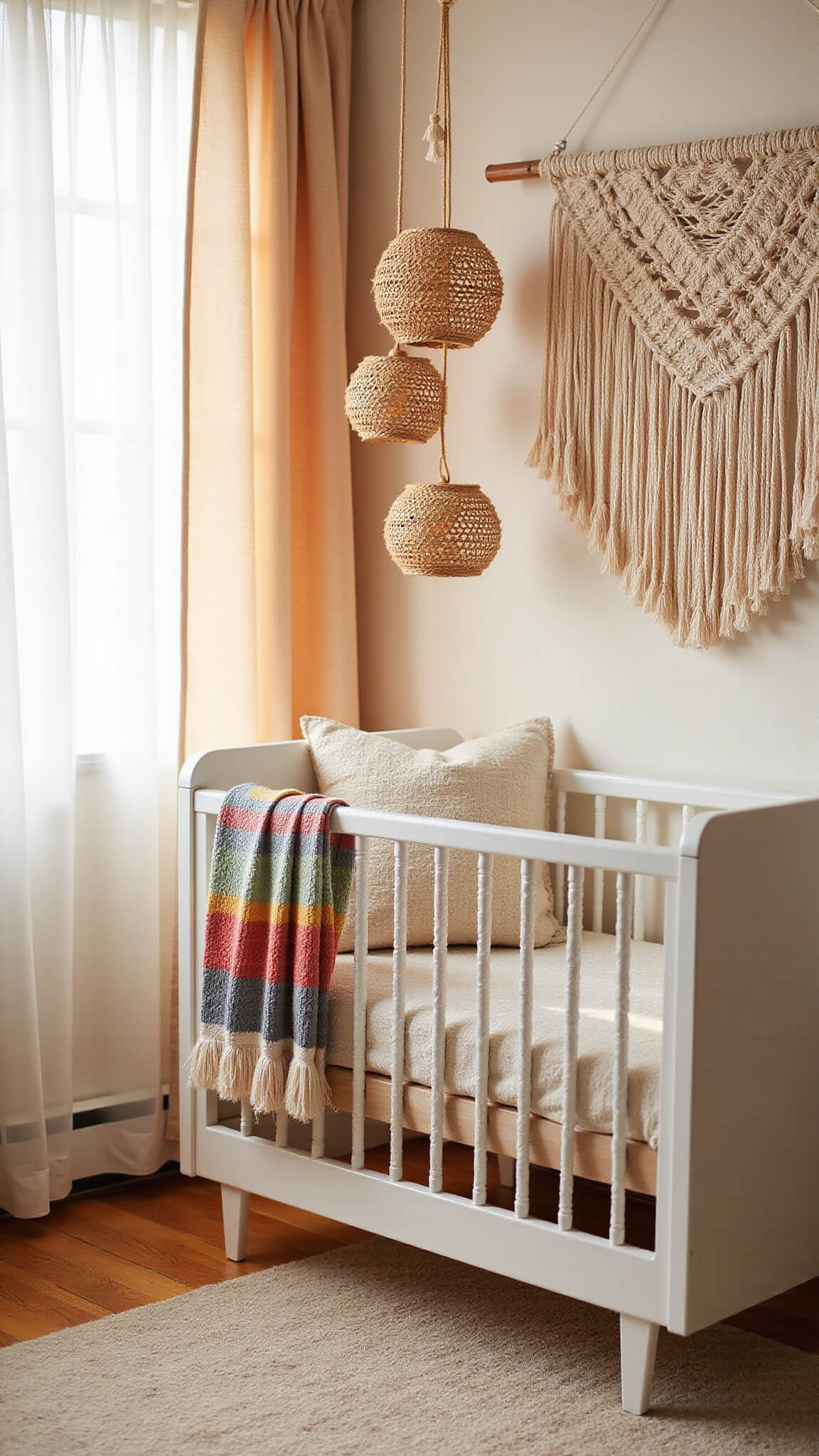 Golden hour light filtering through sheer curtains in a cozy 16x14ft nursery with a modern acrylic crib, handwoven blankets, muted rainbow bedding, large macramé wall hanging, and rattan pendant lights hanging at various heights.