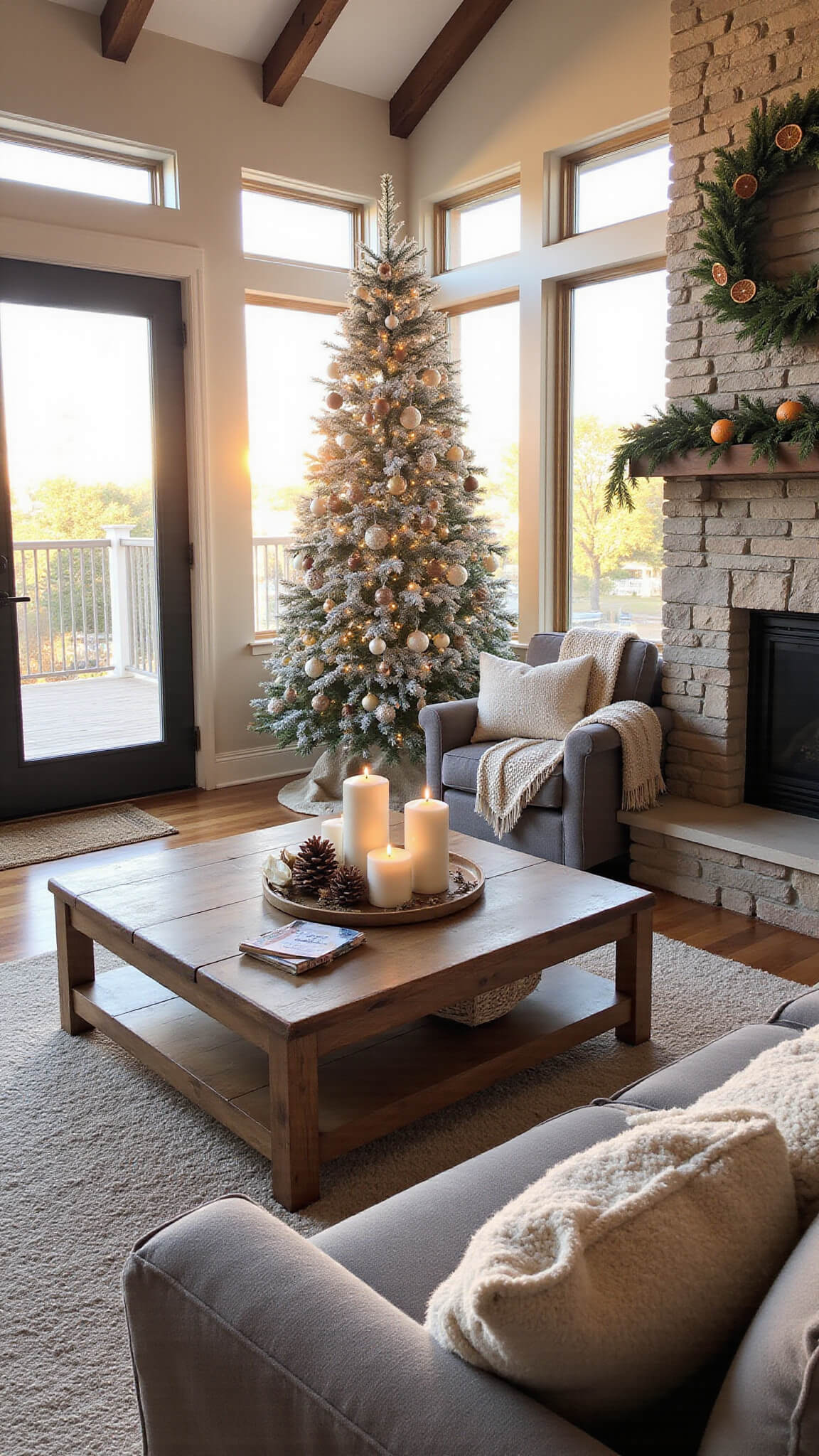 Modern rustic living room at golden hour with flocked Christmas tree, wooden beams, limestone fireplace, and cozy decor elements.