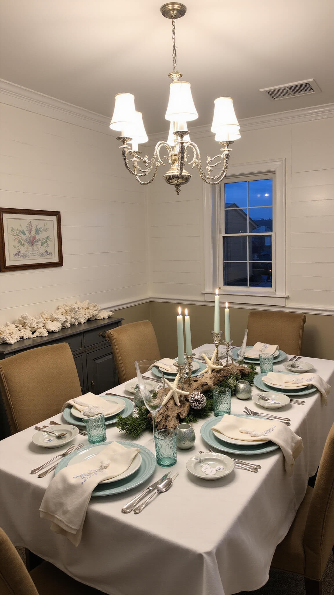 Coastal-themed Christmas dining room with sea glass table settings, driftwood centerpiece, and soft chandelier lighting at dusk.