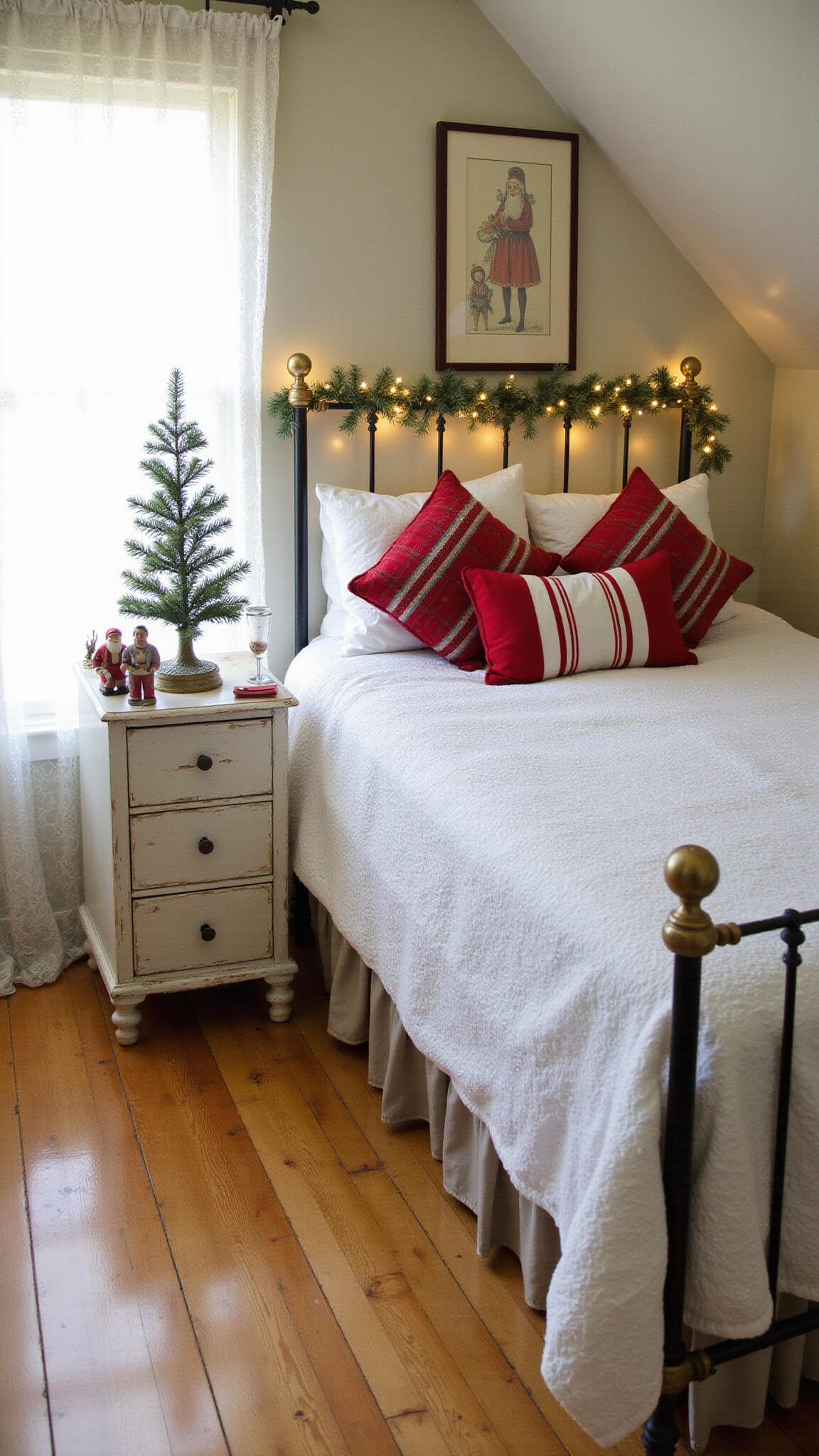 Vintage Christmas-themed cozy bedroom corner with antique brass bed, flocked tree on nightstand, Santa figurines on dresser, and warm fairy lights in soft afternoon light.