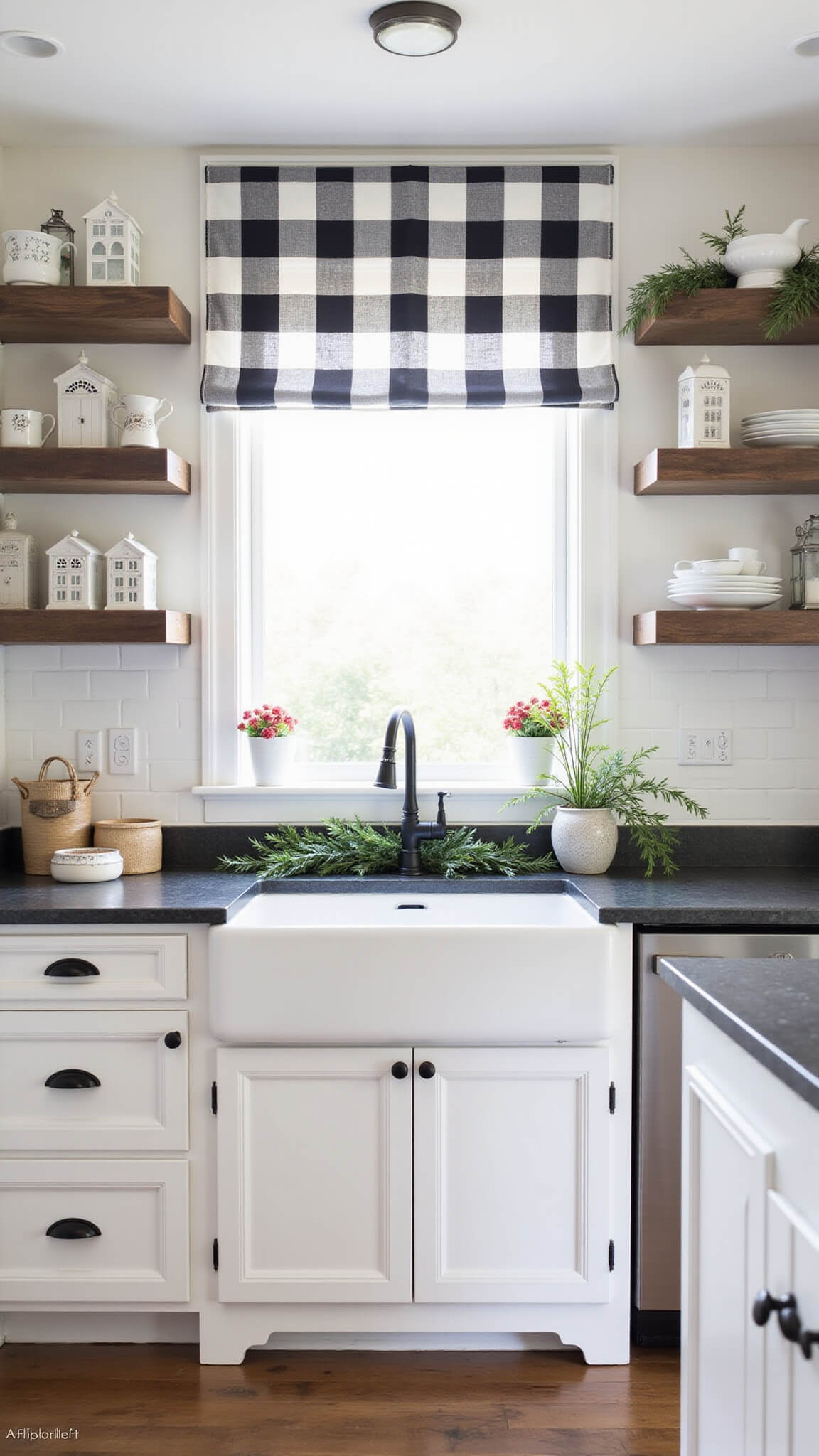 Modern farmhouse kitchen with white shaker cabinets, soapstone counters, cedar-decorated island, and white ironstone on open shelves in bright morning light.