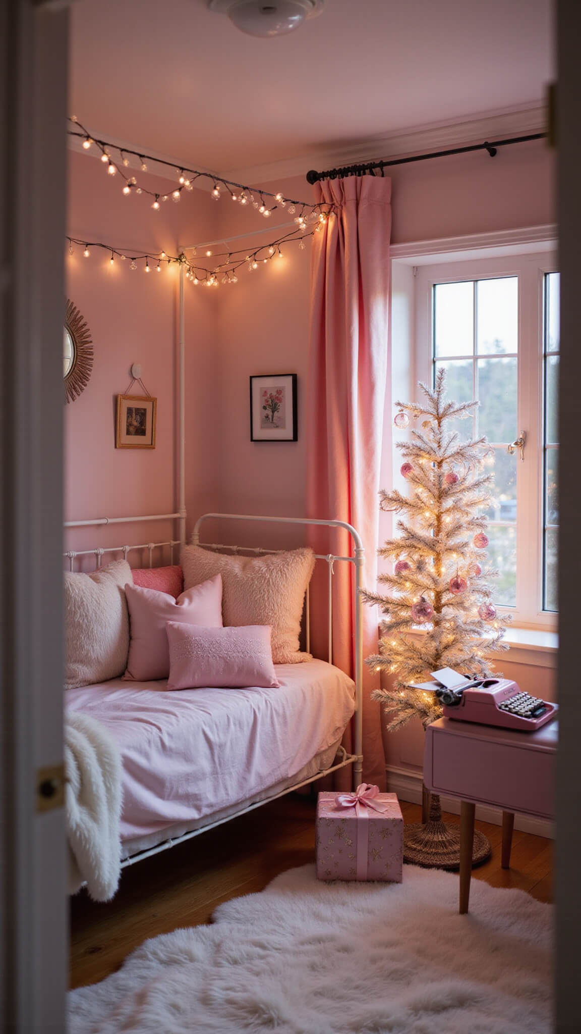 Low-angle view of a pink wonderland teen bedroom at twilight with blush walls, rose gold accents, white iron daybed, fairy lights canopy, and festive decorations.