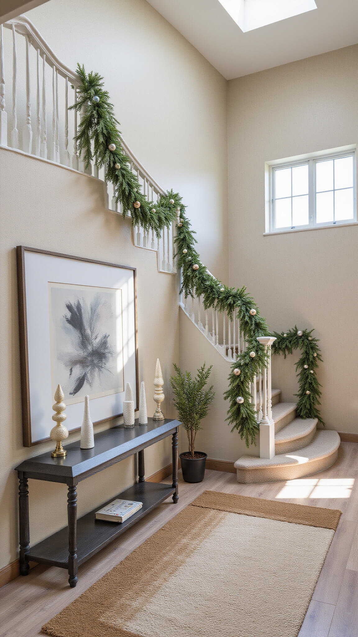 Elegant two-story entryway with curved staircase, abstract art, and festive neutral decor viewed from above.