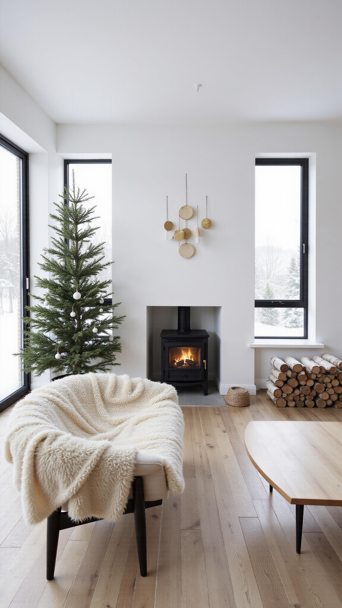 Minimalist Scandinavian living room at dawn with white walls, pale wood floors, black-framed windows showing snowy view, simple pine tree with lights, birch logs by modern fireplace, and sheepskin throws on sleek furniture.