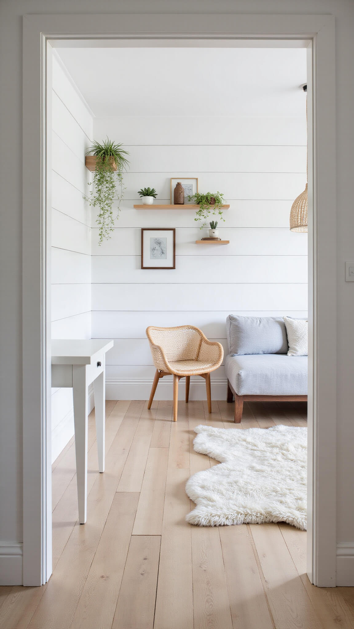 Scandinavian-style guest room with white shiplap walls, pale oak floors, gray daybed, rattan chair, and natural light illuminating minimalist decor.