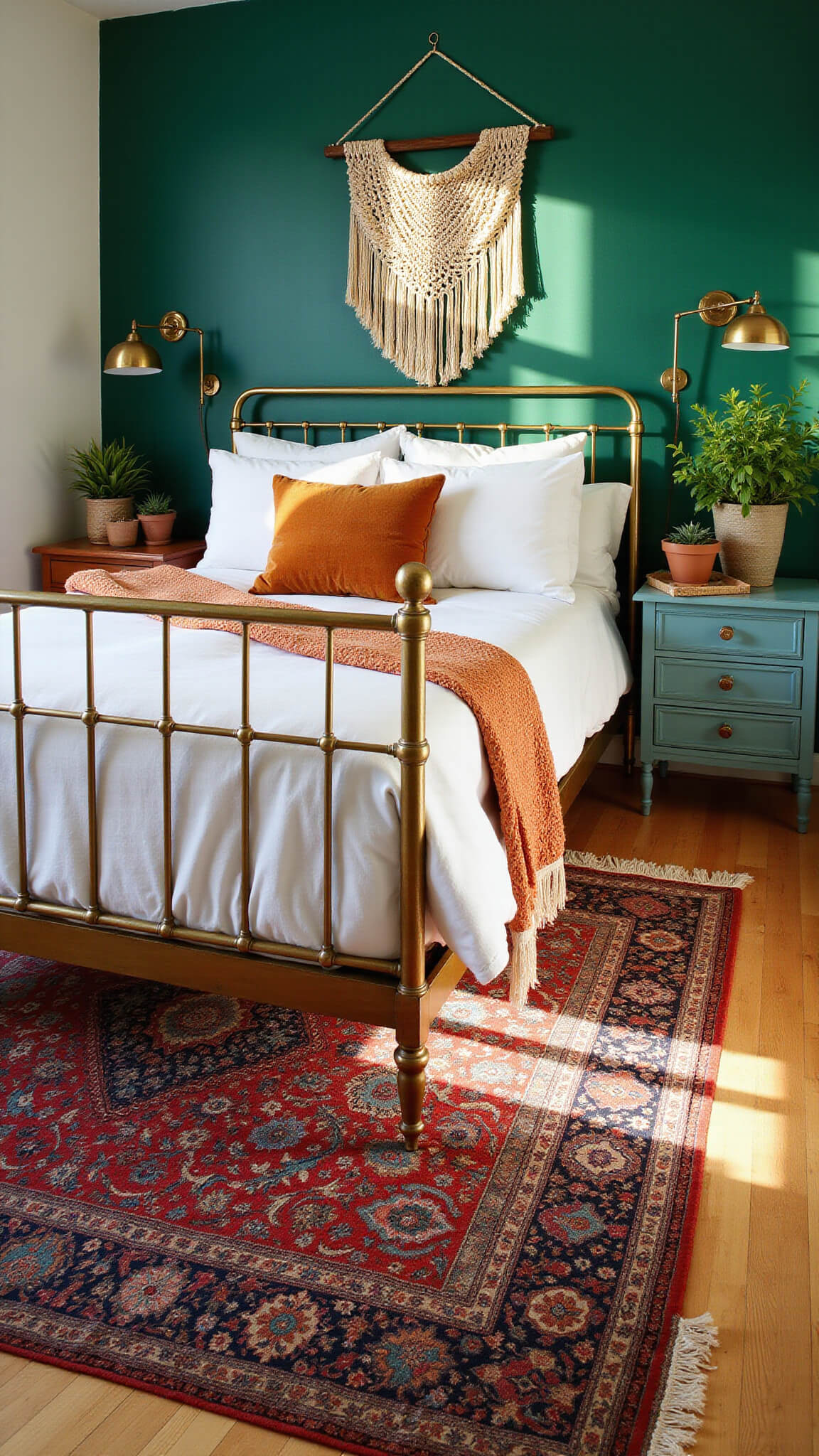 Eclectic 15x15ft bohemian guest bedroom with emerald green accent wall, vintage brass bed, white linens with burnt orange accents, mismatched painted nightstands, layered Persian rugs, macramé wall hanging, and potted plants, photographed during golden hour with dramatic side lighting.
