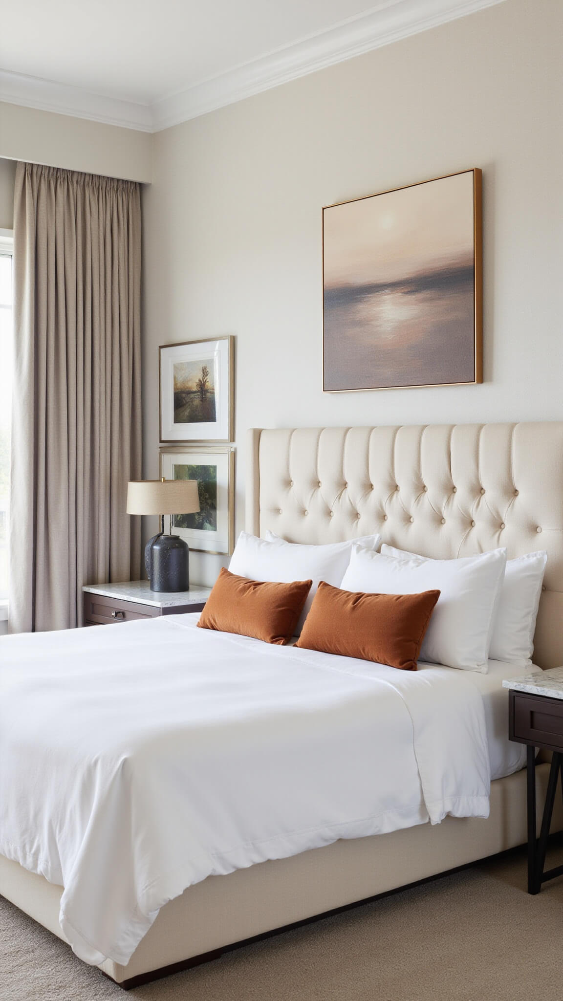 Contemporary guest suite with king bed, cream velvet headboard, terracotta pillows, marble nightstands, and greige drapes framing large windows.