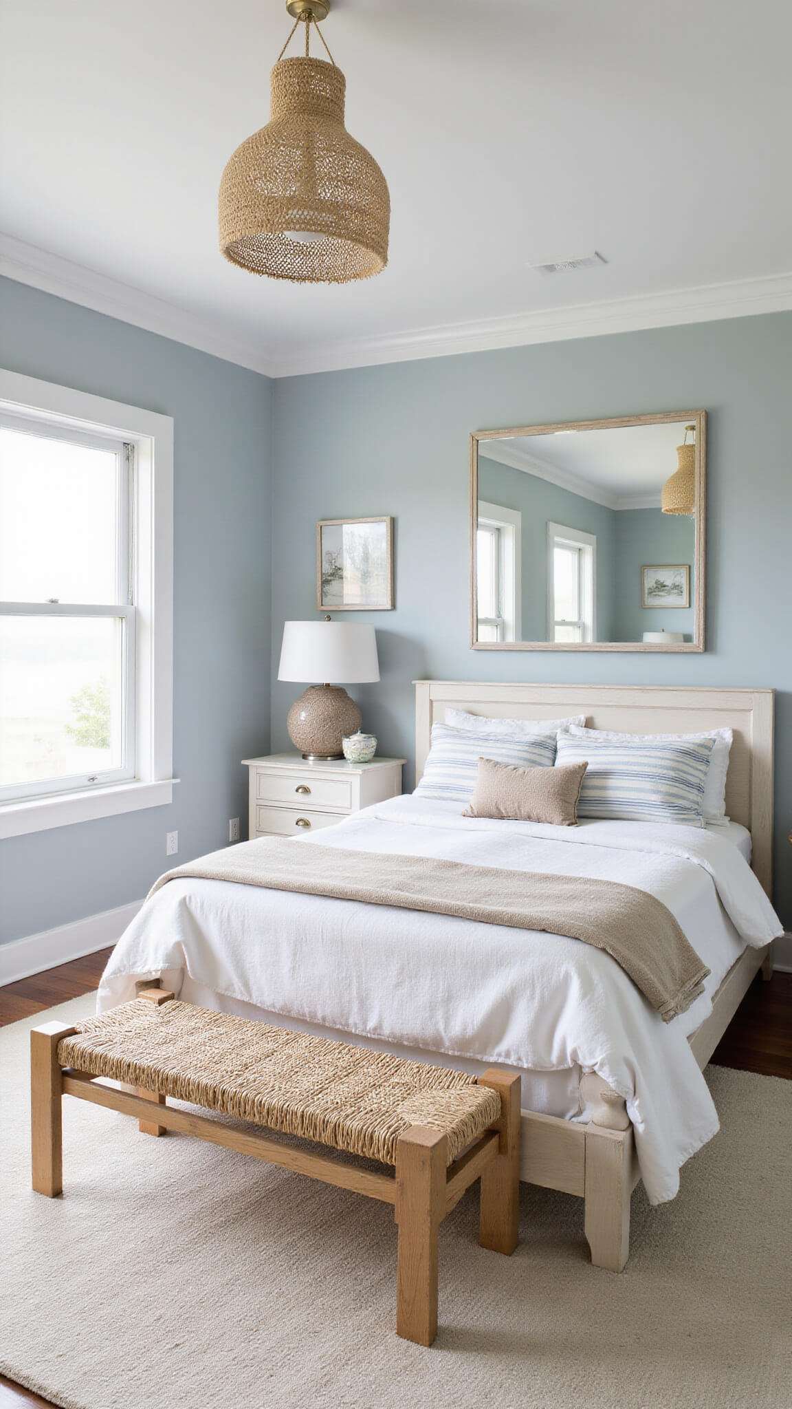 Coastal guest room with pale blue-gray walls, whitewashed furniture, and natural textures, featuring a queen bed with striped linens, woven light fixture, seagrass baskets, and driftwood decor.