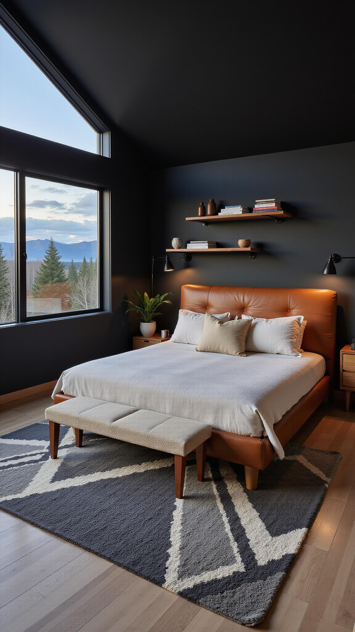 Mountain modern guest bedroom with black accent wall, cognac leather headboard, creamy bouclé bench, mixed metal lighting, geometric wool rug, and live-edge floating shelves during blue hour.