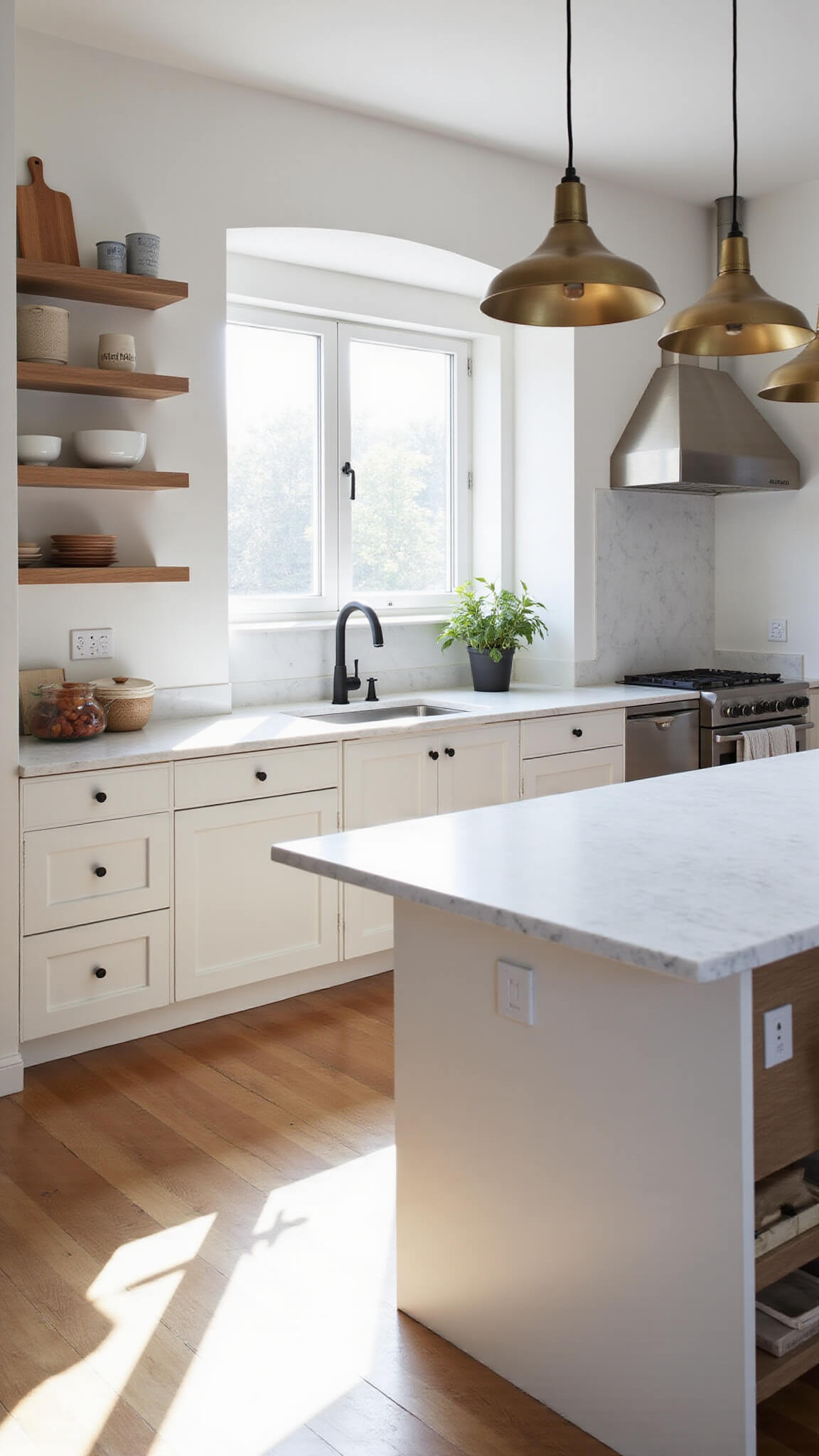 Nordic kitchen with white marble countertops, pale oak cabinets, and morning light streaming through tall windows, featuring a central island with black faucet and pendant lights above.