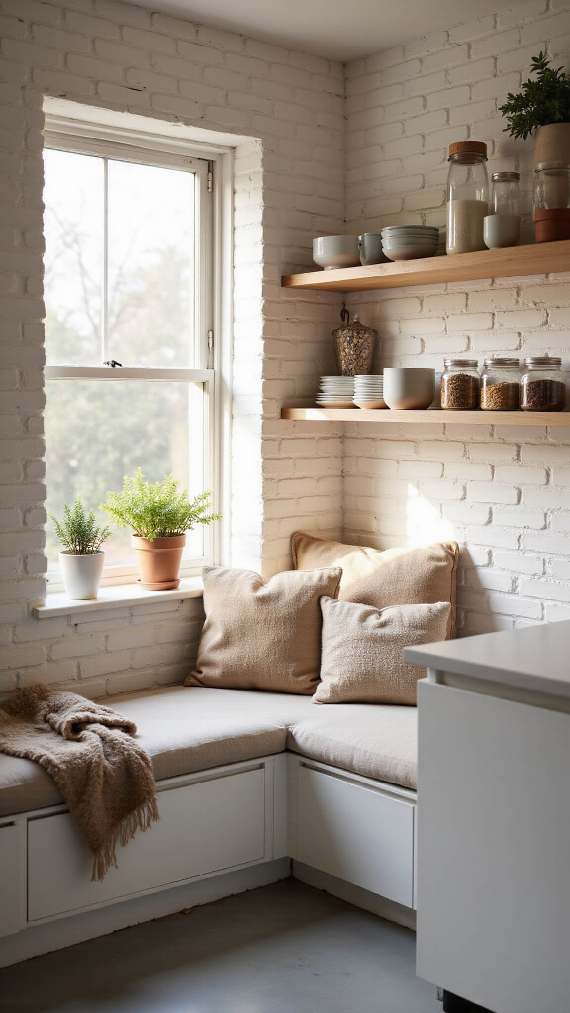 Nordic kitchen corner at golden hour with whitewashed brick walls, concrete floors, window seat with linen cushions, open shelves of ceramics and jars, and potted herbs on windowsill.