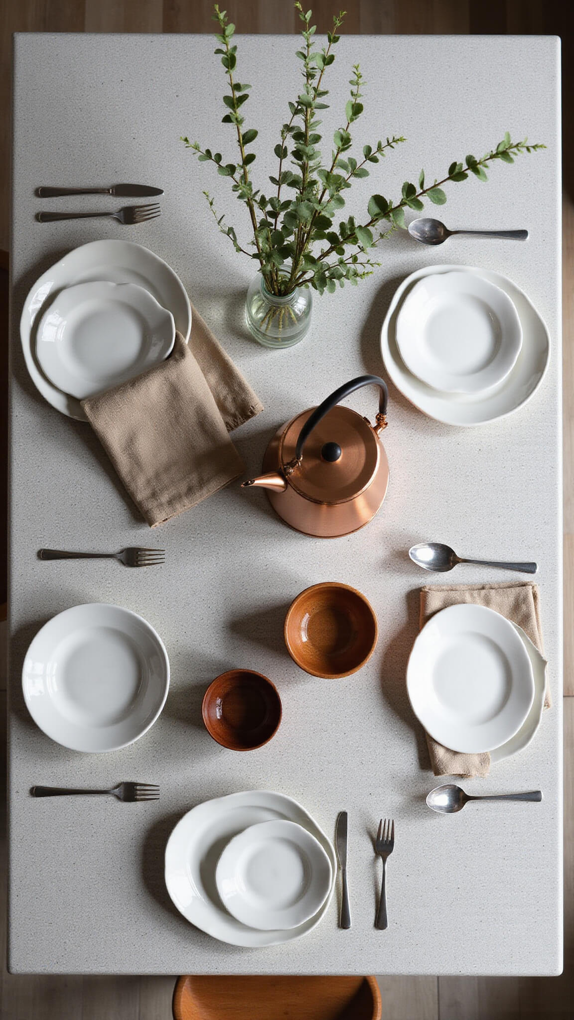 Overhead view of a Nordic kitchen island with granite surface, set for breakfast with ceramic plates, wooden bowls, linen napkins, a copper kettle, and eucalyptus in a glass vase.