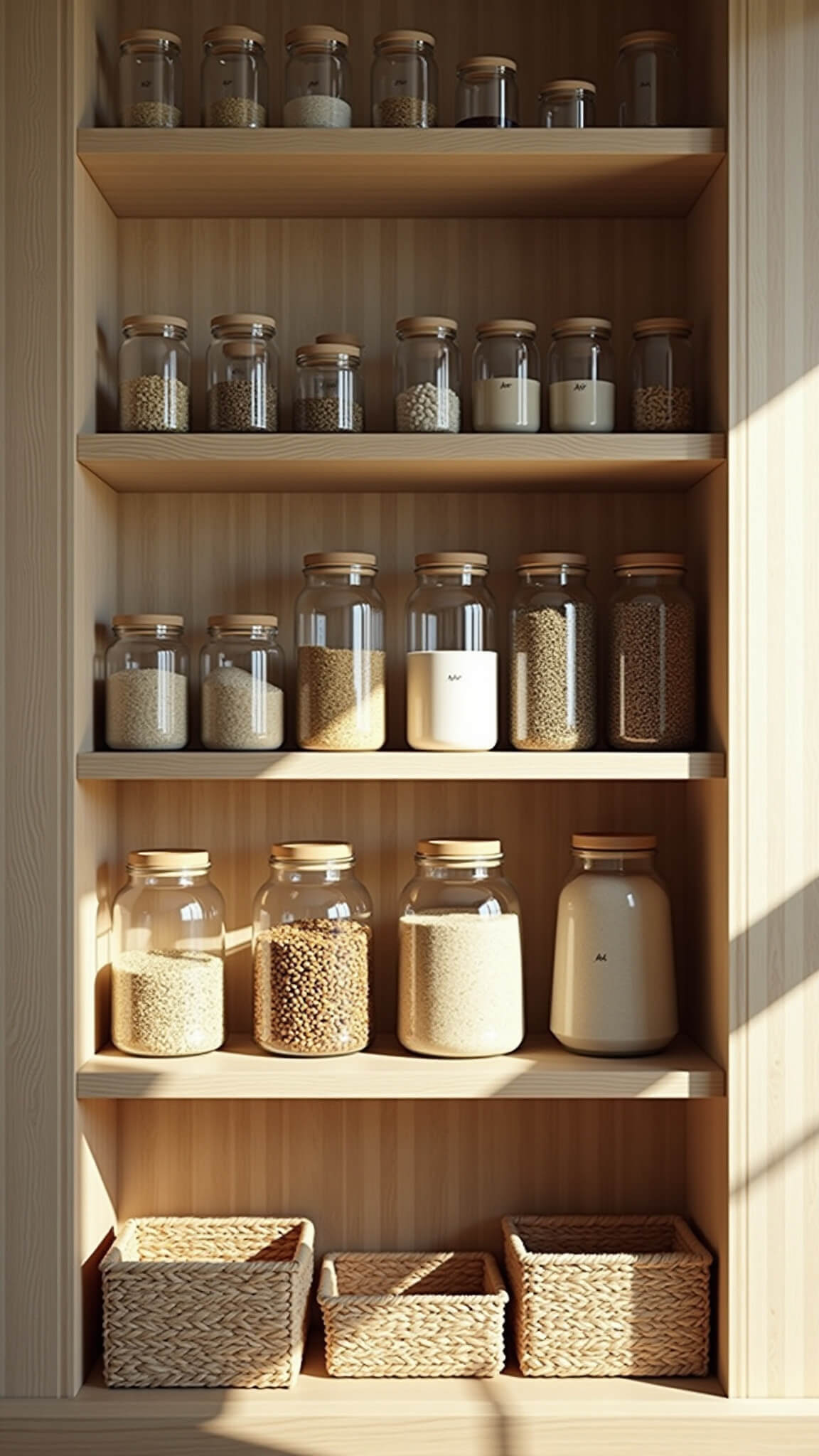 Nordic kitchen pantry with tall bleached oak shelves holding glass jars of grains and woven baskets, lit by morning sun casting geometric shadows.